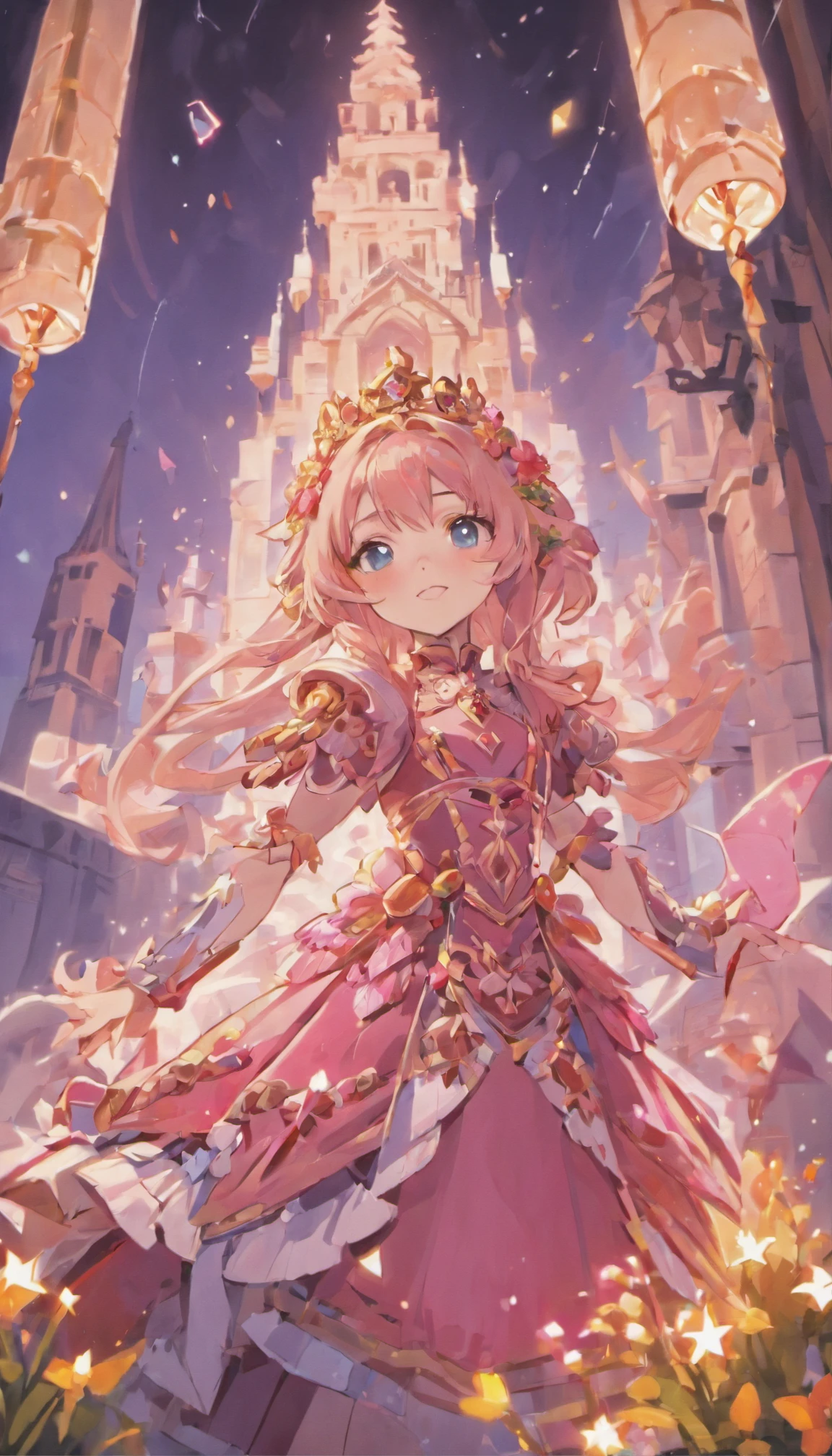 (ultra-detailed,best quality,4k),(realistic:1.37),(beautiful detailed eyes:1.1),(Minecraft),(princess style),(girl pink),(vivid colors),(soft lighting),(fairytale),(castle),(beautiful dress),(flowers),(sparkles),(royal),(crown),(long hair),(charming smile),(magical),(dreamy atmosphere)