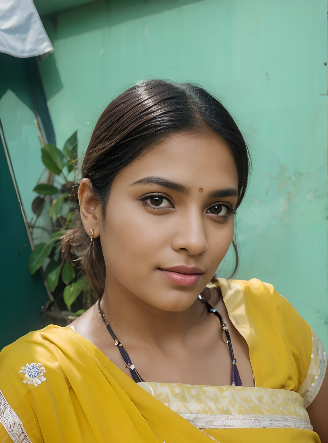 Portrait if an beautifull Indian woman looking into camera, realistic, high detailed, brown eyes, detauled face, facial-symmetry