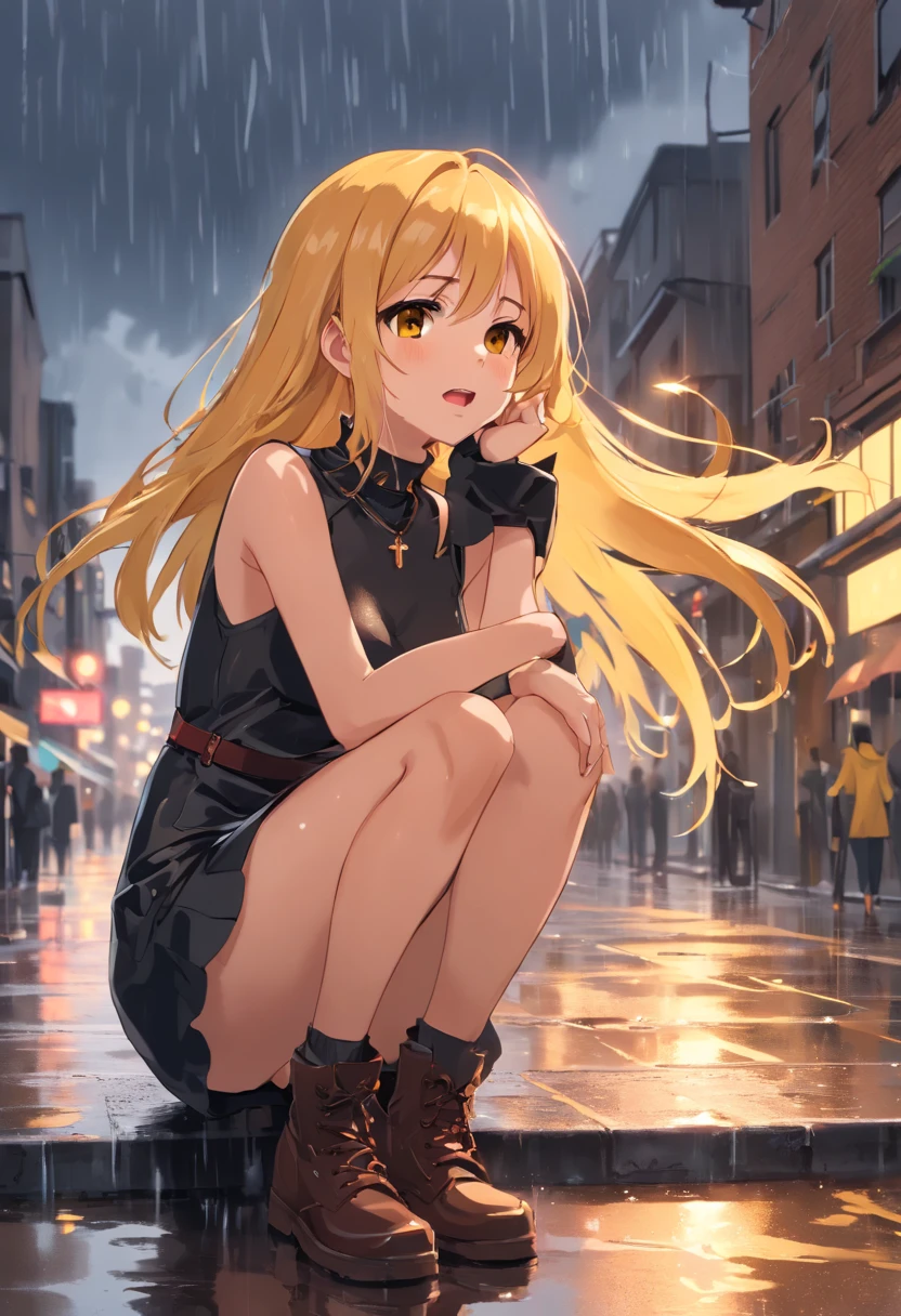 screaming in the rain,tears, long hair, bangs, (brown eyes:1.7), (yellow hair:1.5),[[[masive breasts]]],[[curvilinear body]],[[perfect body]],[[perfect face]],[[perfect eyes]], [[[milf body]]],blunt bangs, (two side up:1.5), red,BREAK thighhighs, dress, jewelry, collarbone, boots, detached sleeves, choker, black thighhighs, necklace, black footwear, black dress, sleeveless dress, mini skirt,garter straps, black choker, short dress, floral print, cross, red nails, cross necklace,[[complex Backround]],[[perfect composition]],[[perfect lines]],[[perfect lineart]],[[[roof background]]]],[[heavy rain]]],[[rain]],[[raindrops]],[[rain clouds]],[[dark clouds]],[[aesthetic]],[[puddles of water]],[[rain on the roof]],[[[Wet clothes]],[[wet hair]],[[water drops on the body]],[[sad look]],[[girl sitting on the roof]],[[girl sitting in the rain]],[[Film]],[[rain scene]],[[sad scene]],[[storm]],[[rain style]],[[Very detailed]],[[screaming in pain and anger]],sorrow,[[ambient light]],[[blue World]],[[dark storm]],depth of field,(very dark environment), (street), blue theme