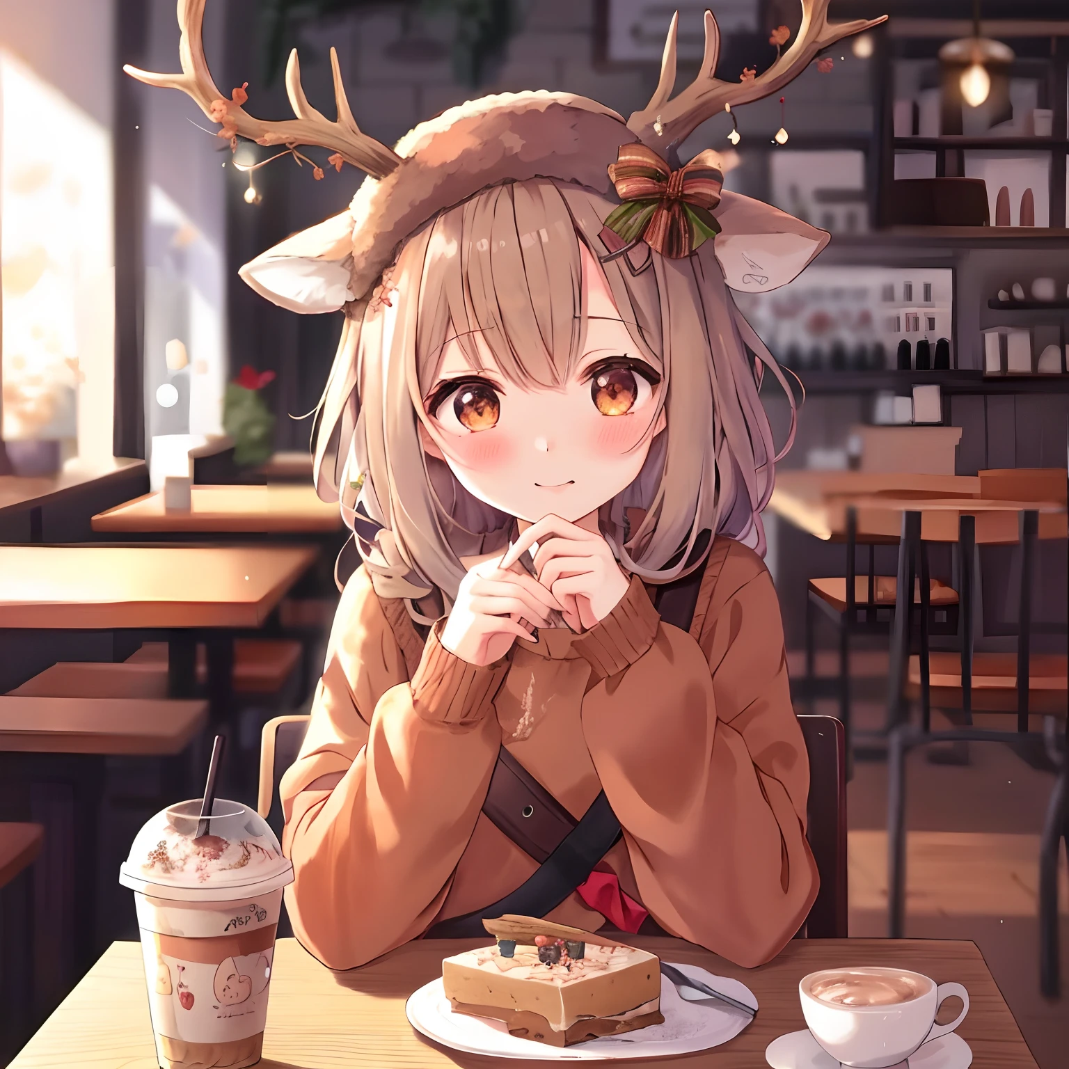 Anime girl with deer antlers sitting at table with cake, Anime visuals of cute girls, 🍂 Cute, Cute anime girl, 🍁 Cute, mysterious coffee shop girl, Cute Anime, Cute:2, cozy cafe background, anime style 4 k, kawaii realistic portrait, cute anime style, sitting in a cafe, young anime girl, short antlers, Laid back girl, troubled eyebrows