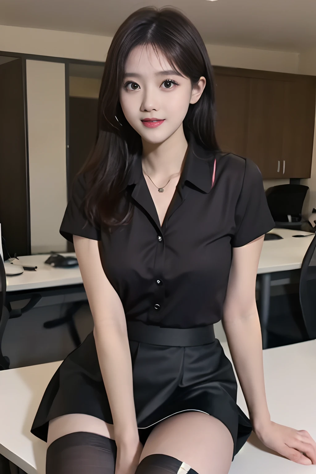 (Best quality: 1.1), (Realistic: 1.1), (Photography: 1.1), (highly details: 1.1), (1womanl), office room,Professional suits,black short skirt,black lence stockings,bent down,mix4,