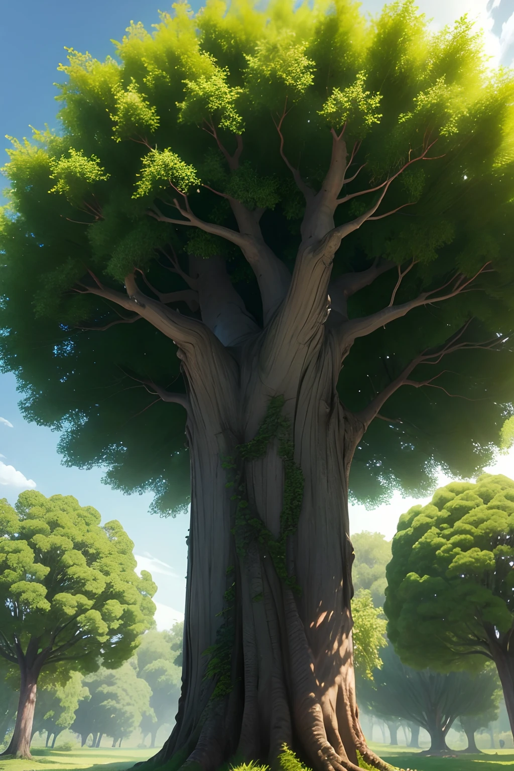 Arvore alta, bem verde, tronco grosso, Underneath it is a very small willow tree, verde porem bem fino e curto. Qualidade 8k.
