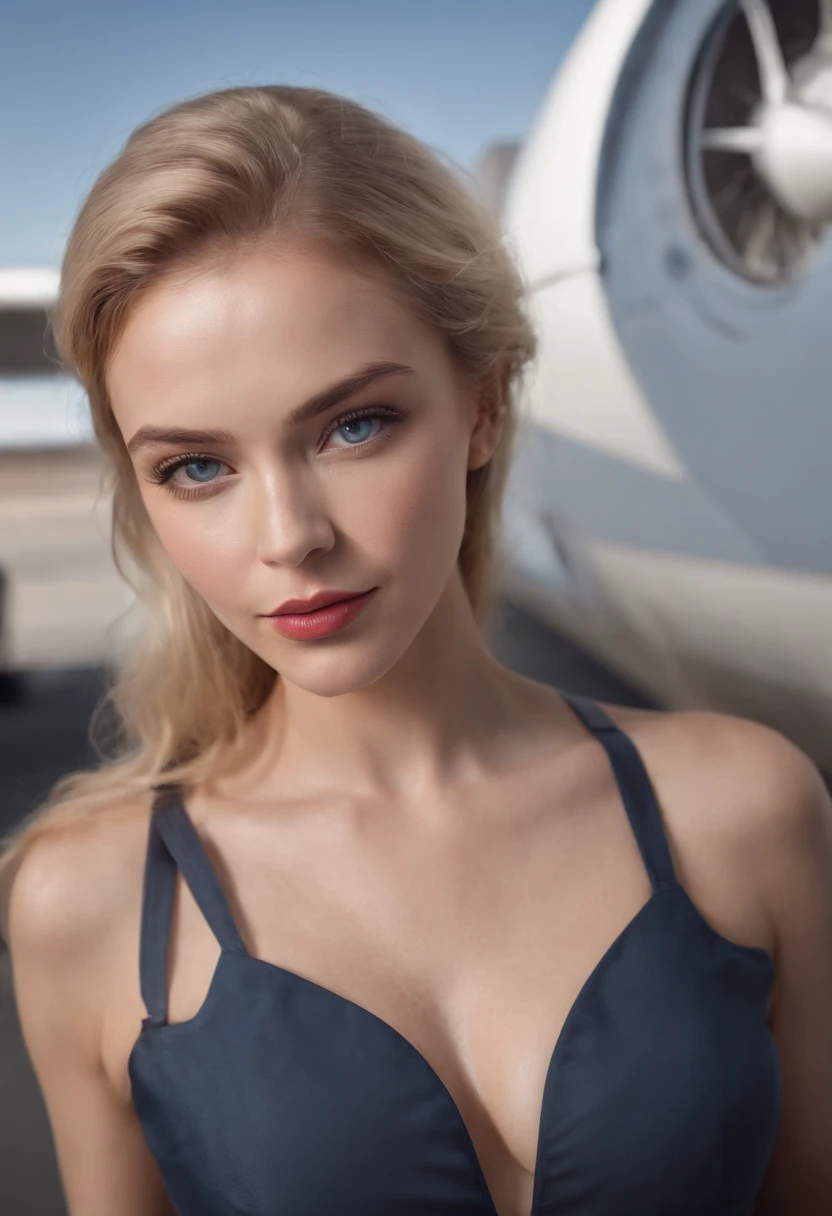 Highly detailed realistic photograph of a beautiful woman, dressed as an air hostess, stood in the alleyway of an (airplane), in a sexy black basque, blonde detailed hair, blue eyes, photorealistic, photo, masterpiece, realistic, realism, photorealism, high contrast, photorealistic trend digital art in Artstation 8k HD high definition detailed realistic, detailed, skin texture, hyper detailed, realistic skin texture, best quality, ultra high resolution, (photorealistic: 1.4), high resolution, detailed, raw photo, sharp re, by lee jeffries Nikon D850 film stock photography 4 kodak camera portra 400 lens f1.6 rich colors hyper realistic texture dramatic lighting irrealengine trending on artstation cinestill 800.