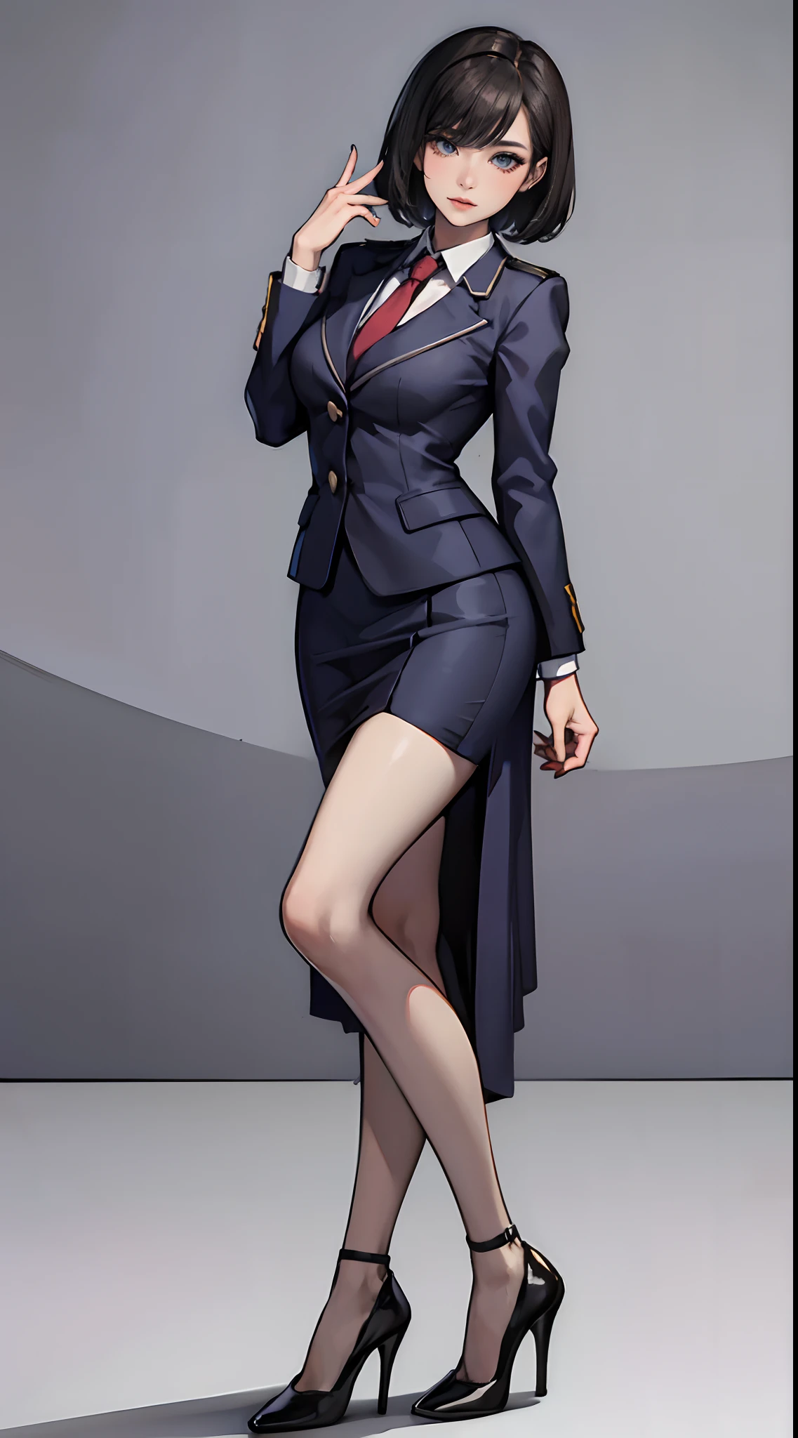 Stewardess，Beautuful Women，Stand head-on，full bodyesbian，high-heels，greybackground
