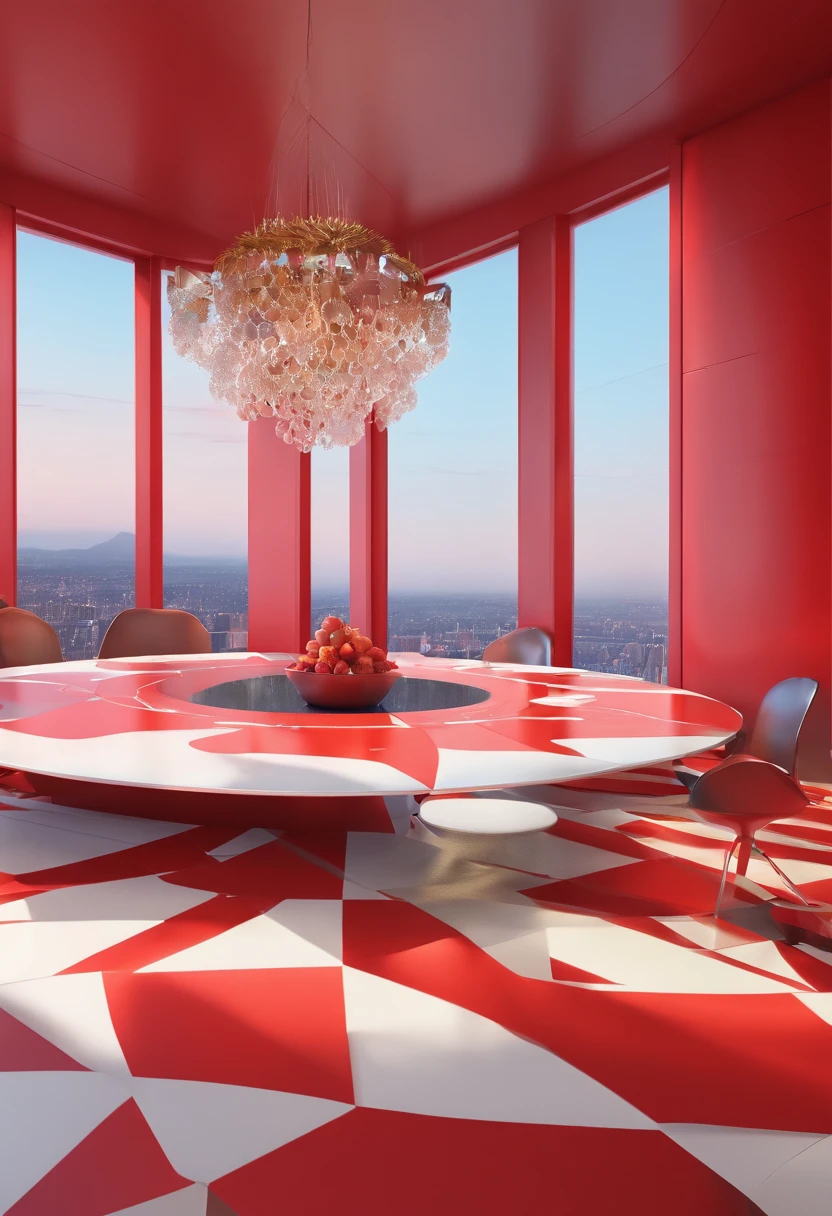 Overlooking the red round table in the middle