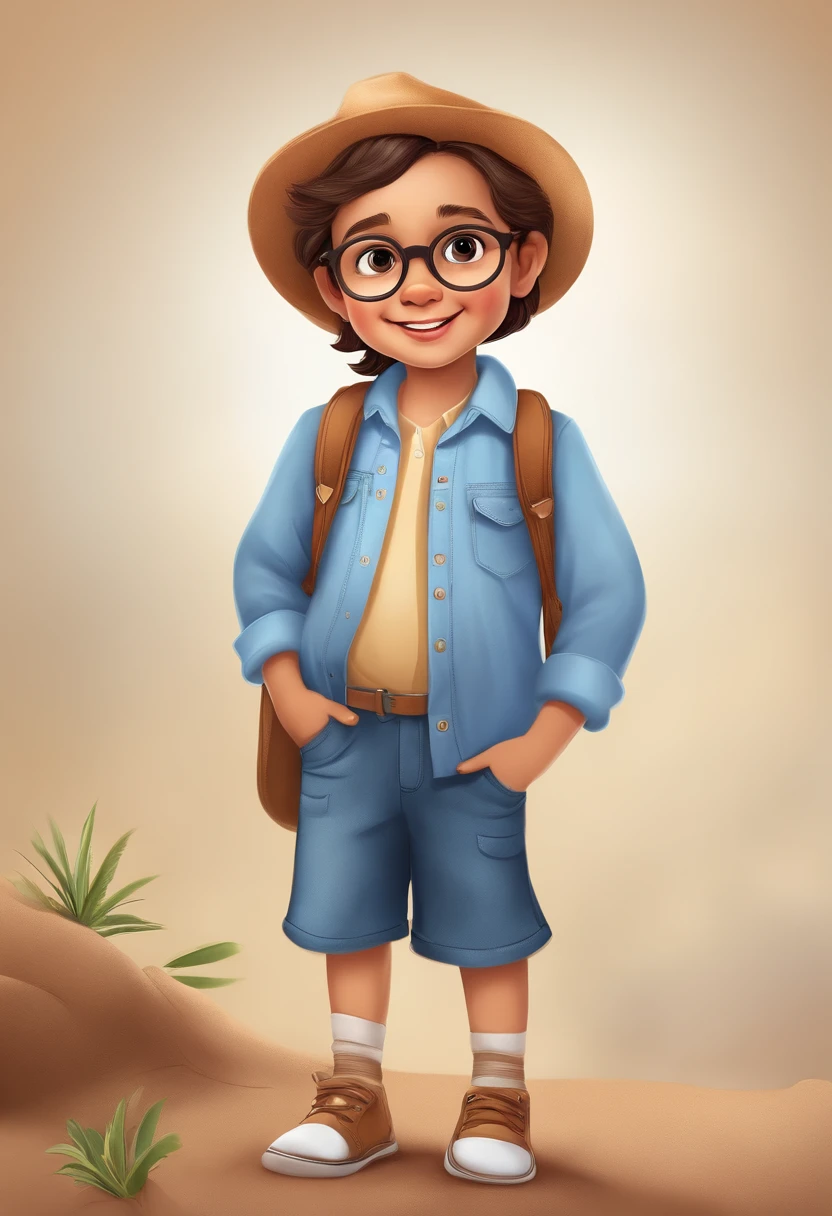 O Pequeno Explorador, various poses and expressions on white background, Children's book illustration style, simples, fofo, 6 anos, Cores, cabelos loiros curtos, Cor lisa, camisa azul de manga curta, shorts jeans sem cinto, without a hat, sem livro, without glasses, sem mochila