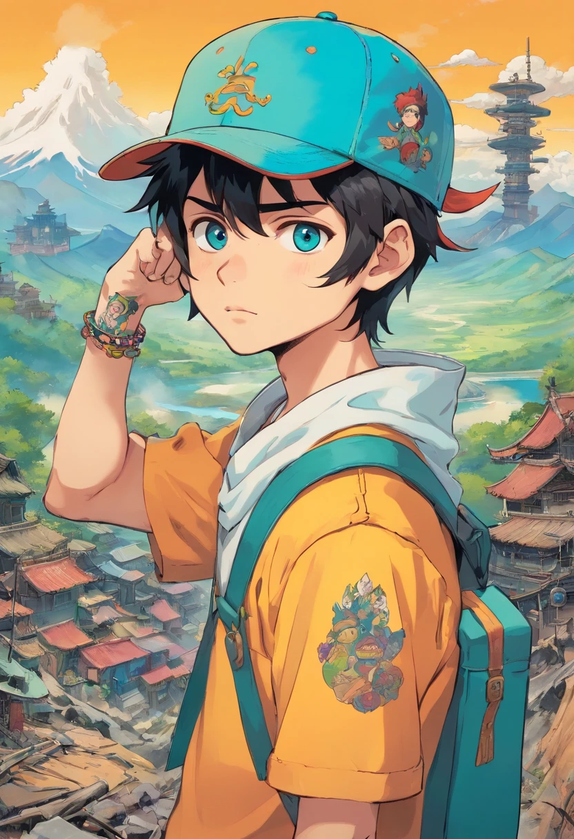 A boy wearing an anime hat, with tattoos, In the style of the apocalyptic wasteland landscape, colorful animation stills, Masami Teraoka, aquamarine, Paul Gauguin, Amber style, Honest portrayal