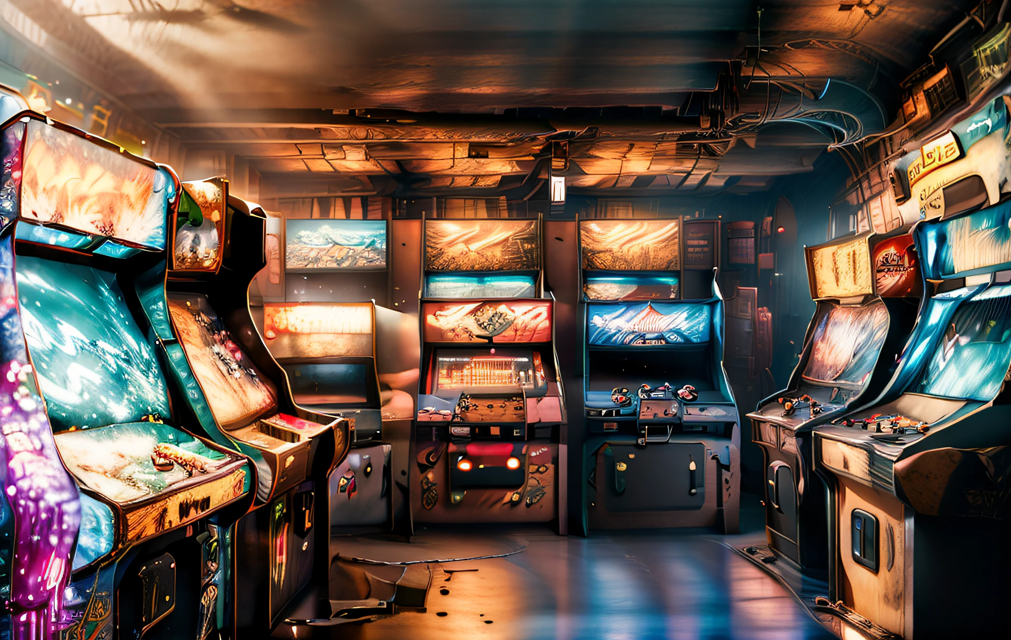 There are many different types of video games in this room, Arcade consoles, Arcade games, Arcade consoles, kantai collection arcade, Arcade cabinets, Arcade cabinet in the background, a busy arcade, dive bar with a karaoke machine, taken in 2 0 2 0, video - game, videogame, Arcade, taken in the early 2020s