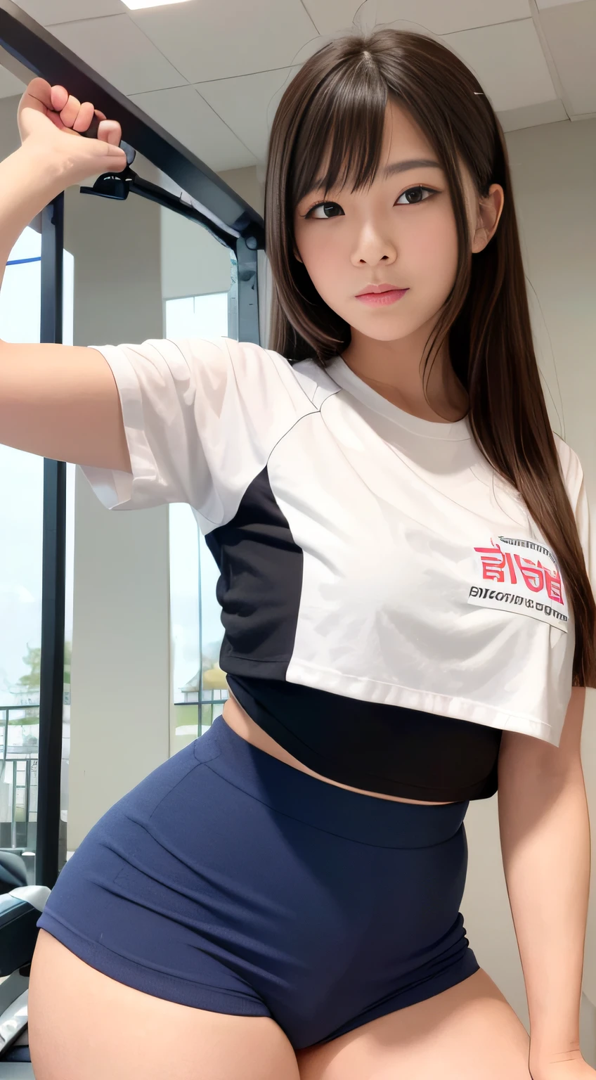 hightquality、masterpiece、ultra res、a beauty girl、Beautiful girl face、cute girl face、、school gym、Wearing gym clothes、full bodyesbian、Famous actresses of Japan、very beautiful face、A sexy