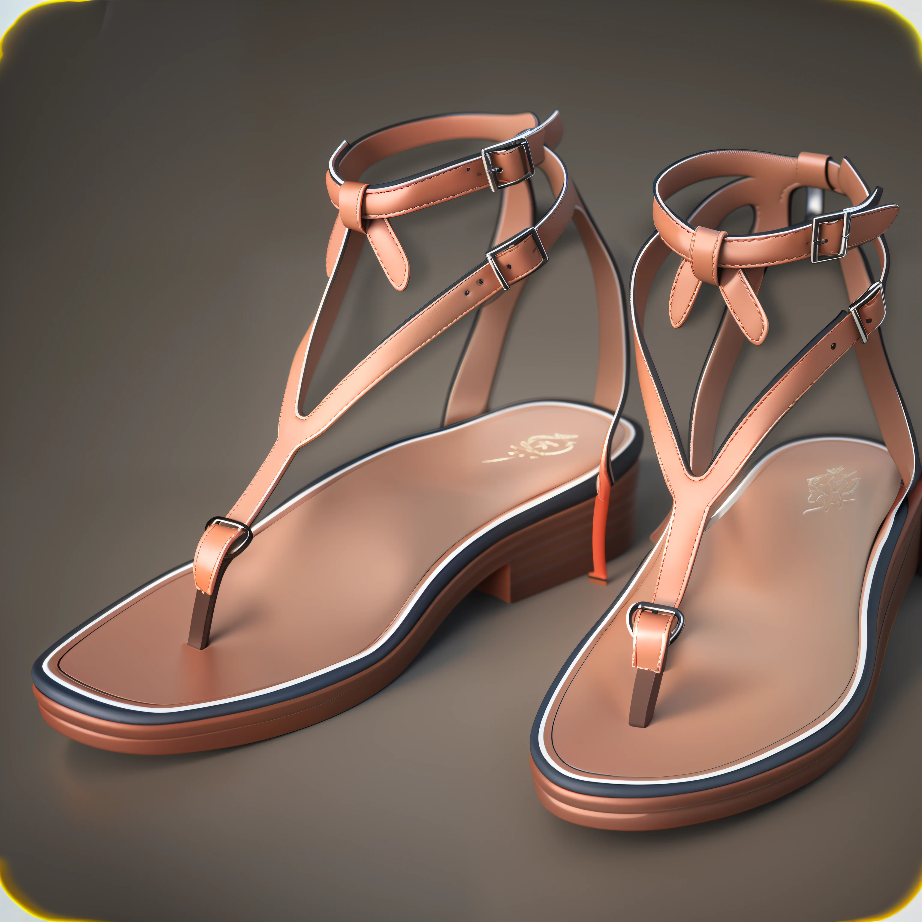 (Masterpiece, best quality: 1.2), (Super detailed) a close up of a pair of sandals with straps on them, sandals, stylized cel shading, stylized shading, cel shaded pbr, simple stylized, straps, rendered art, platforms, wearing a toga and sandals, 3 d render stylized, heavily stylized, cel shading, shaded, cel shaded:15, stylized material bssrdf, 3d model, white soles, orange straps, white soles, orange straps