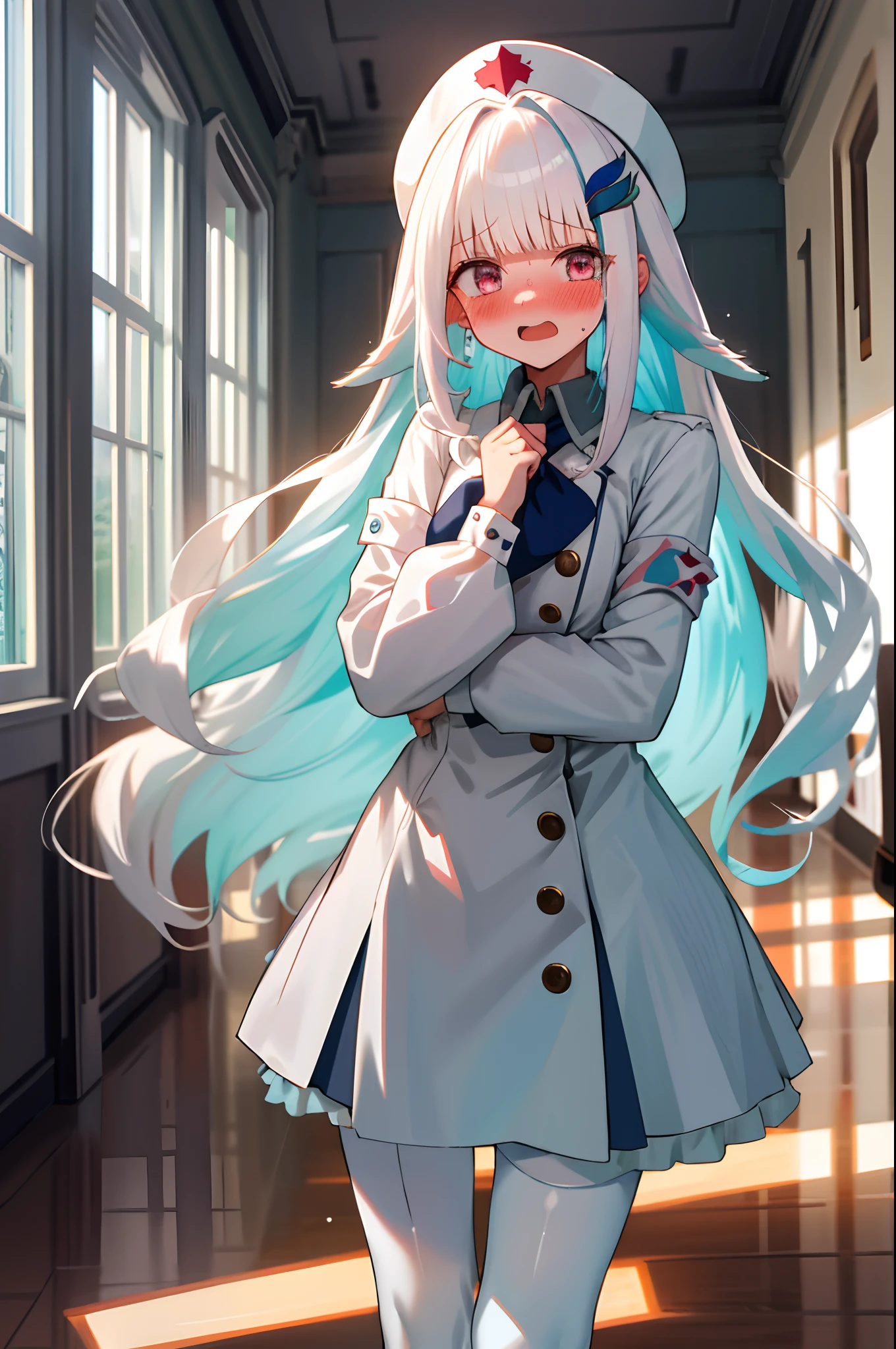 One girl with long wavy hair, white hair, looking at viewer, embarrassed, blushing, tears, open mouth, indoor , nurse, white shirt, puff long sleeves, mini skirt, thigh, perfect waist, noon atmosphere, hair ornament, standing, bed , lace gloves, pantyhose, nurse hat, (embarrassed:1.0)