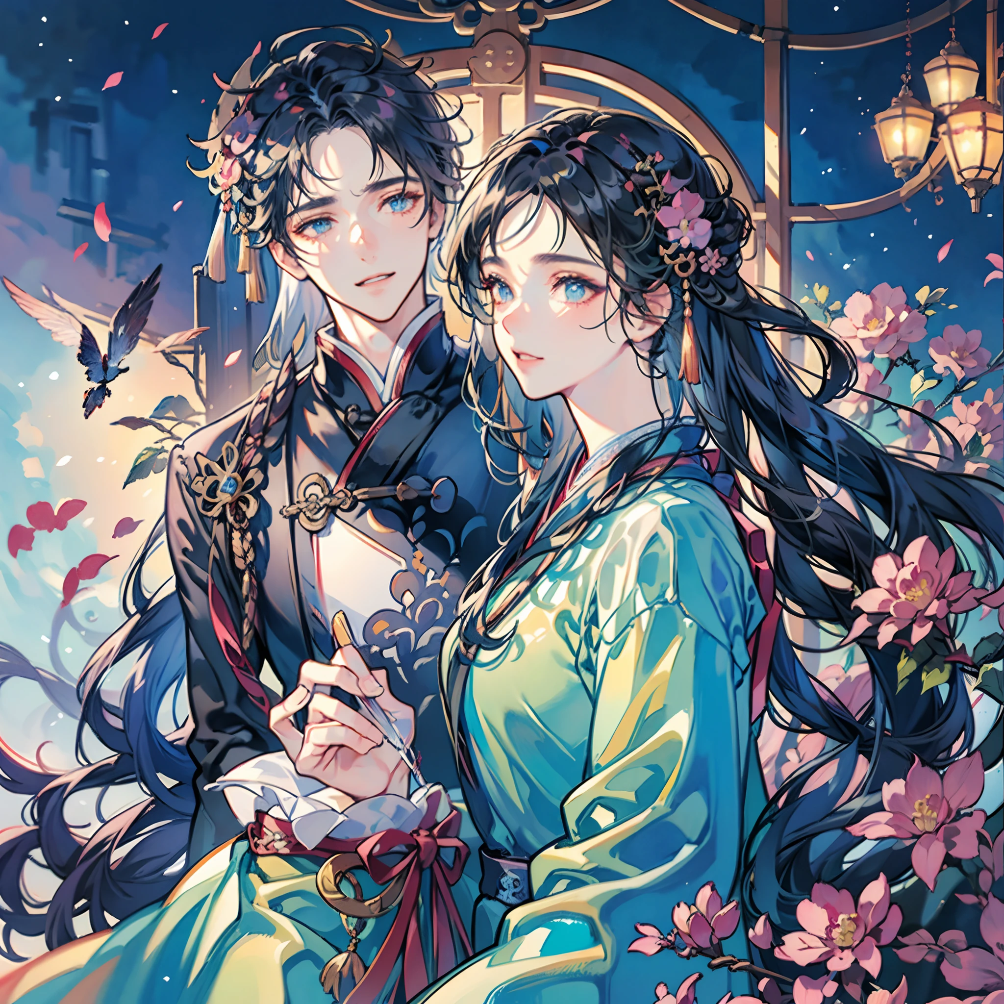 Two men., attractive, lover, Finely detailed eyes and detailed face, long-haired, fantasy, Spectacular backgrounds, Fluttering flowers, Wearing traditional hanfu, Advanced details, nightsky, secret, fireworks, white hairs, black hairs