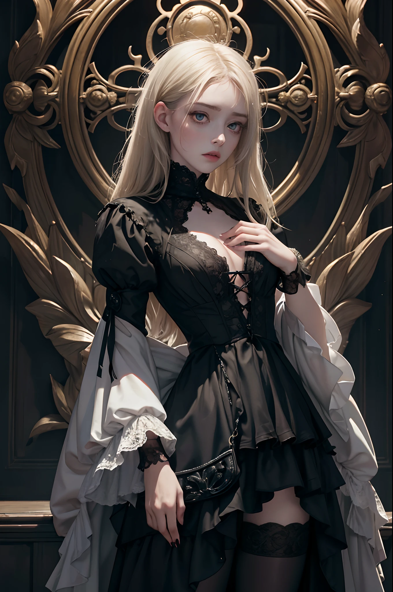 Official Art, Unity 8k wallpaper, super detailed, beautiful, beautiful, masterpiece, best quality, darkness, atmosphere, mystery, romanticism, creepy, literature, art, fashion, victorian, decoration, intricacies, ironwork, lace, contemplation, emotional depth, supernatural, 1 girl, solo, neck, full body composition, (very pale skin:1.1), dark bags under her eyes, (bags under eyes:1.6)