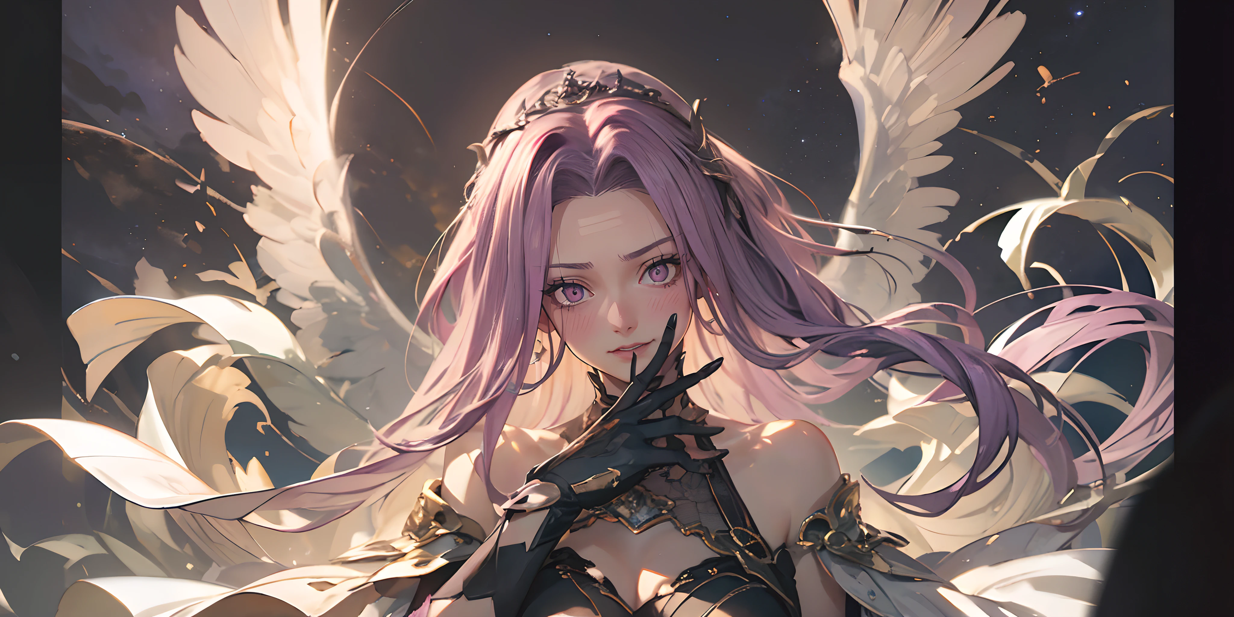 MedGorg, (long hair, purple hair:1.6), purple eyes, breasts, epic art, fantasy, gloves, 1girl, black_gloves, starry_sky, bare_shoulders, star_(sky), looking_at_viewer, breasts, dress, solo, sky, elbow_gloves, tiara, ribbon, night, wings, black_dress, night_sky, horns, light_particles, floating_hair, "glow effects, godrays, Hand drawn, render, 8k, octane render, cinema 4d, blender, dark, atmospheric 4k ultra detailed, cinematic, Sharp focus, big depth of field, Masterpiece, colors, 3d octane render, 4k, concept art, trending on artstation, hyperrealistic, Vivid colors, extremely detailed CG unity 8k wallpaper, trending on CGSociety, Intricate, High Detail, dramatic", anime coloring, anime screencap, sweating, steaming body, fog