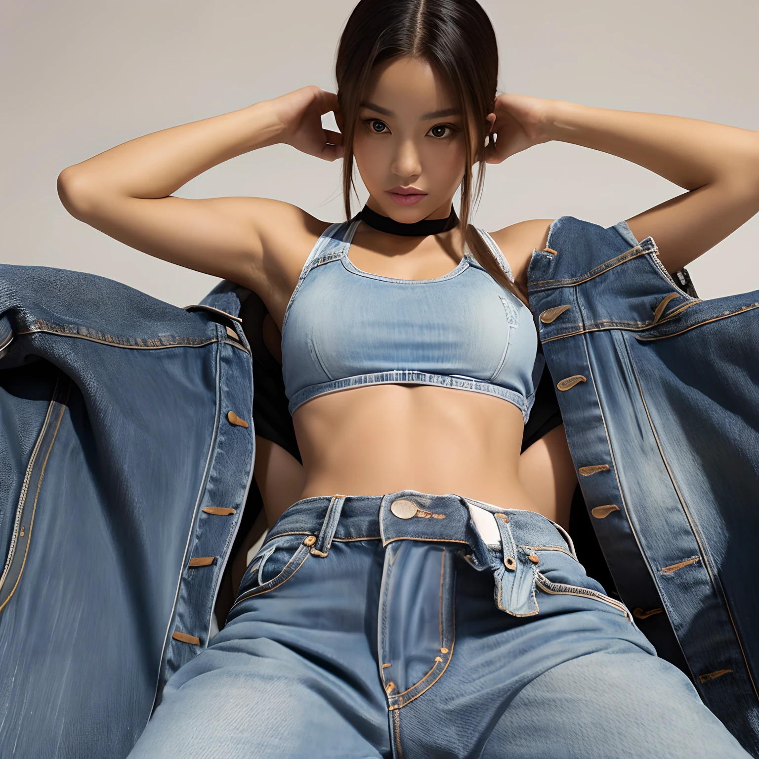 Hot girl with crop top and baggy jeans, from below, standing over you