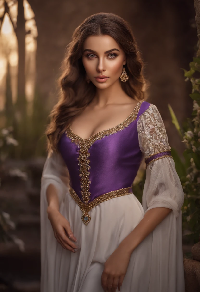 arafed woman fully , sexy girl with brown eyes, ultra realistic, meticulously detailed, portrait sophie mudd, brown hair and large eyes, selfie of a young woman, dubai eyes, violet myers, without makeup, natural makeup, looking directly at the camera, face with artgram, subtle makeup, stunning full body shot standing in a battlefield, in medieval times, medium to large size bust