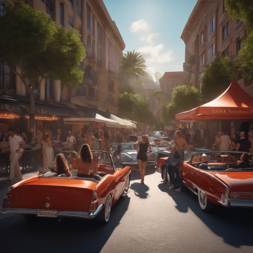 daytime street, with people partying, girls in shorts with drinks, men with drinks, and luxury cars, 8k, ultra realistic, fisheye len