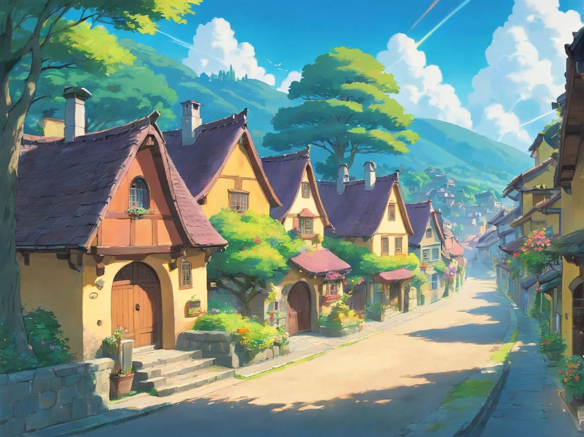 Beams of light shoot out of the fairy's hands，Shrouded the entire village。The beam takes on a variety of colors，Houses with the village、Trees and flowers complement each other。