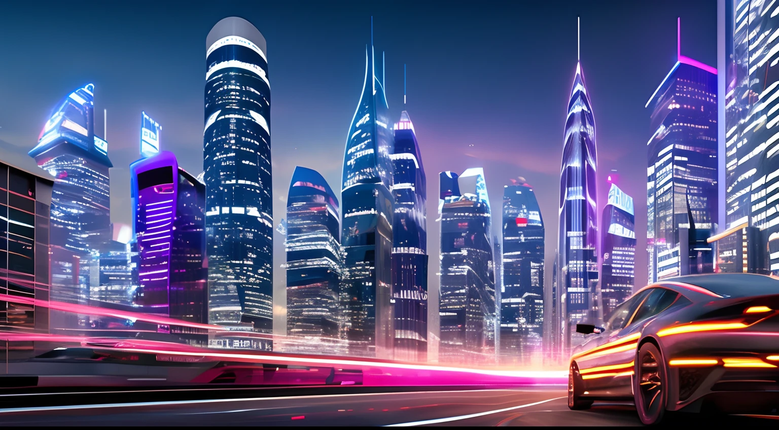 Style: Concept art. The scene: Futuristic cityscapes with towering skyscrapers and sleek aerodynamic vehicles speeding through the air. High-resolution OLED GUI interfaces in the building's windows are filled with transparent data visualization infographics showing everything from weather patterns to traffic flow. Colors are saturated and vibrant, with warm pinks and purples dominating the skyline. The overall effect is both beautiful and awe-inspiring.