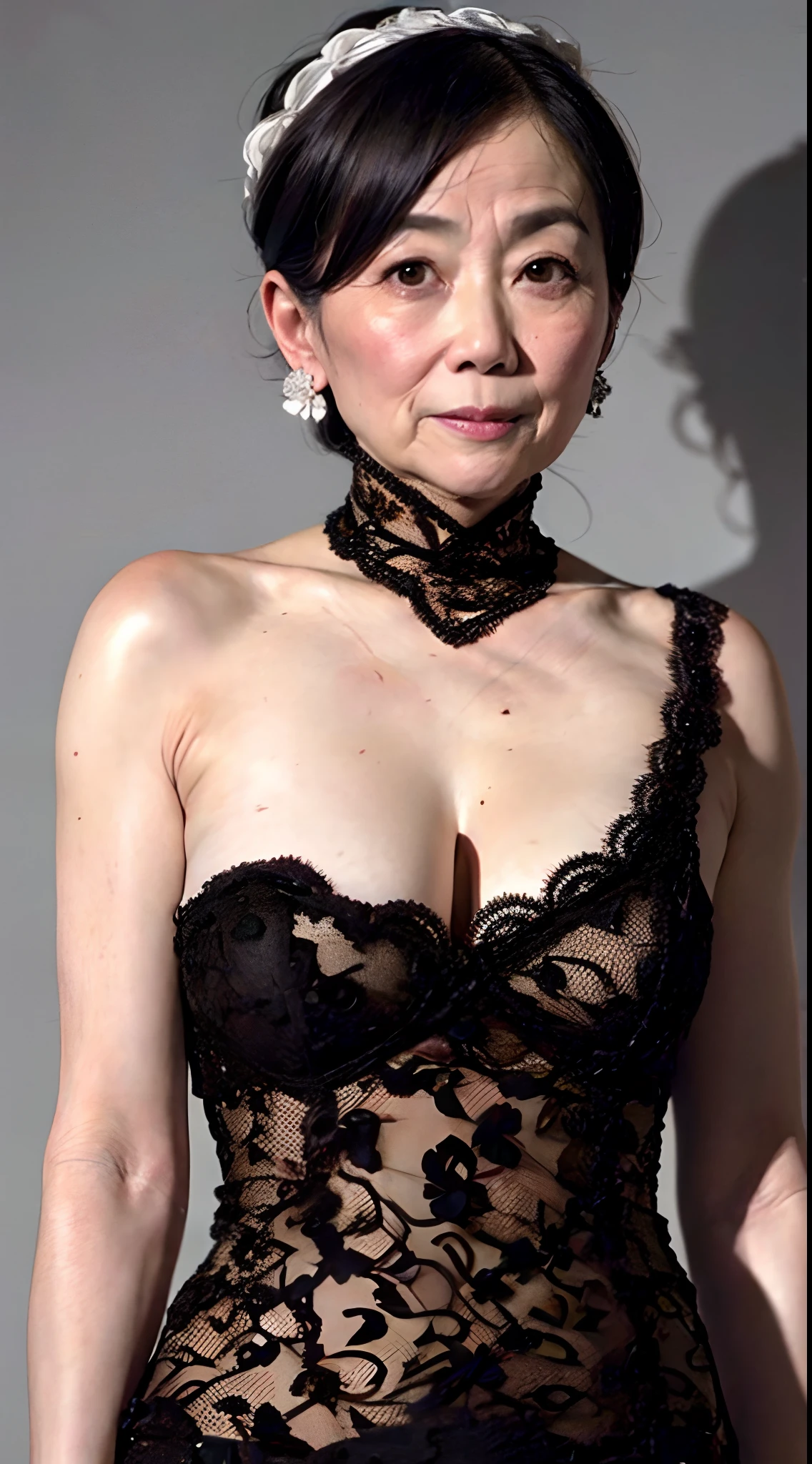 Sharpen, Flat color background, Focus on the face, gravure, masutepiece, Best Quality, Ultra-detailed, Photorealistic, super detailed skin, Perfect Anatomy, (1 Japan Madam), (Solo), 90 years old, Naked, Pubic hair is dark, Keep your mouth tightly closed, Large breasts, Mature AV Actress, glamor, A sexy, Chromo-white skin, Looking at Viewer,