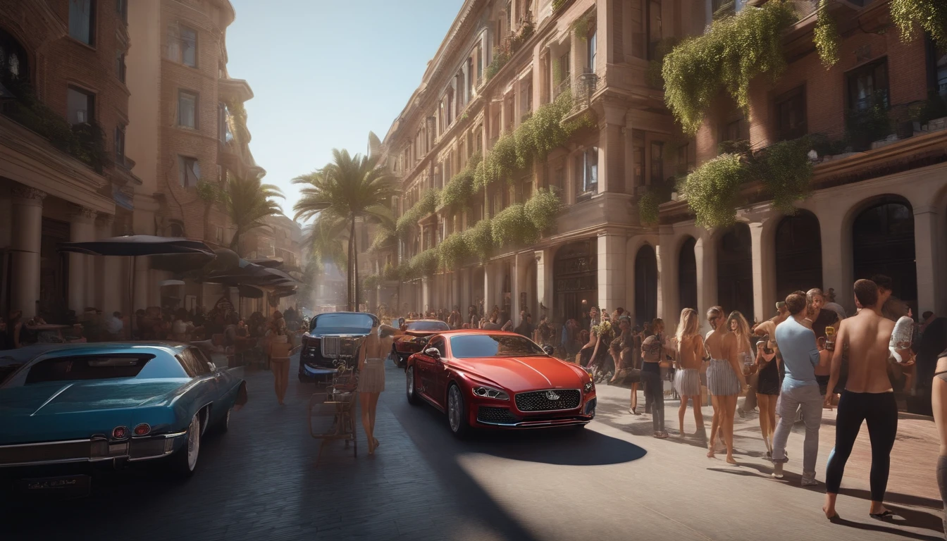 daytime street, with people partying, girls in shorts with drinks, men with drinks, and luxury cars, 8k, ultra realistic, fisheye len