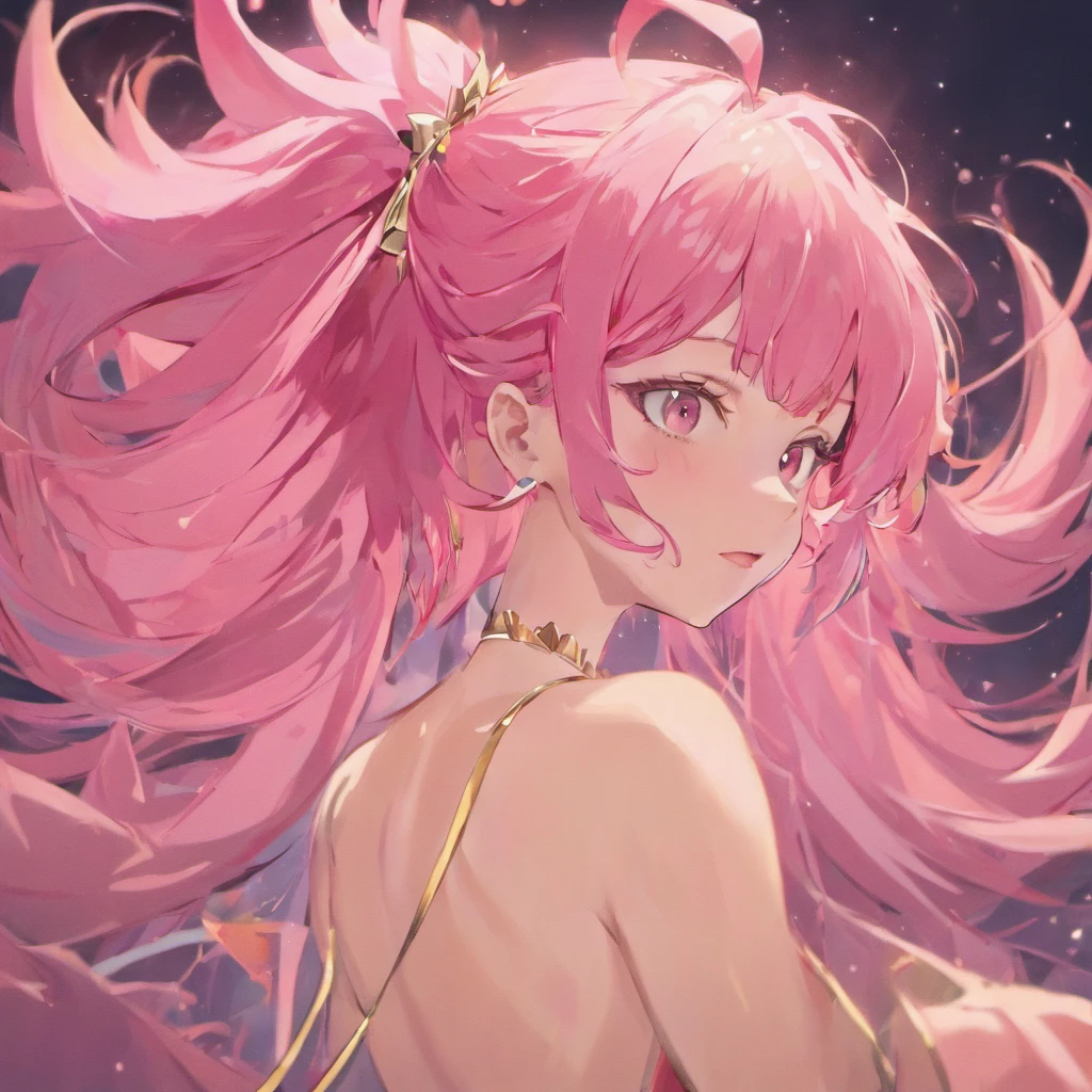 ((masterpiece))(ultra detailed)pink hair, long hair, good hair, double ponytail, light green skin, seductress, small breasts, spiked collar, mean, smug, sharp teeth, ahegao, orgasm face, smug, close up, demon girl, tight top, revealing, wolf cut, detailed hair, UHD, chest up