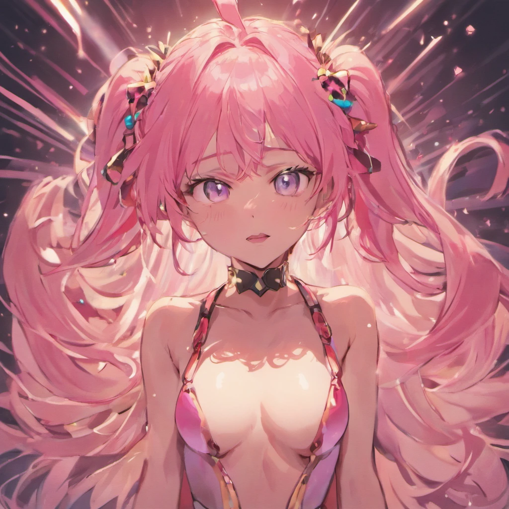 ((masterpiece))(ultra detailed)pink hair, long hair, good hair, double ponytail, light green skin, seductress, small breasts, spiked collar, mean, smug, sharp teeth, ahegao, orgasm face, smug, close up, demon girl, tight top, revealing, wolf cut, detailed hair, UHD, chest up
