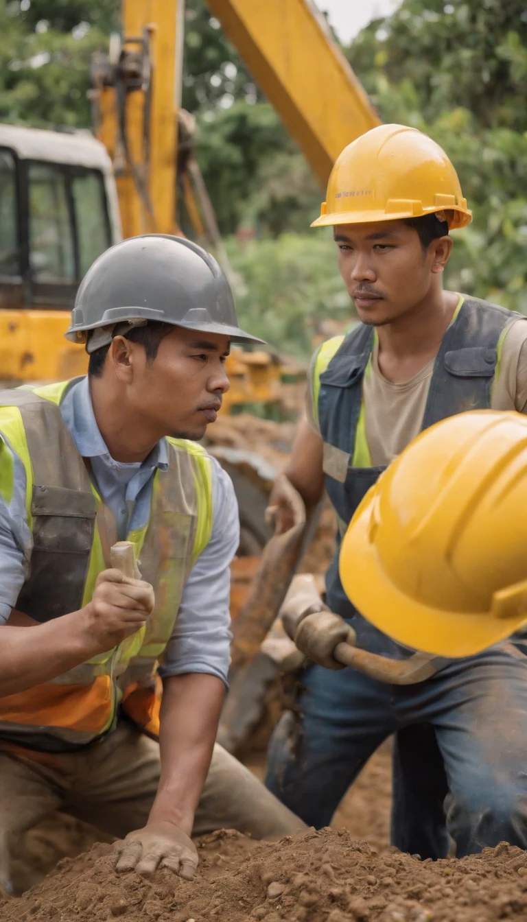 Project background shoot, Garden construction, well drilling construction work on the garden, drilling equipment installed by two Indonesian construction workers, handsome construction guys, Indonesian male models, wearing construction vest, wearing yellow construction helmet