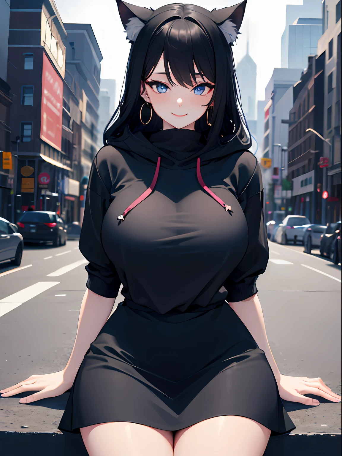 1cat girl, long black hair, blue eyes, wearing plain black large hoodie, black skirt, city, absurdres, high res, ultrasharp, 8k, masterpiece, looking at viewer, seductive, seductive pose, sexy, captivating, large breasts, cute yet seductive smile, attractive, sexy shape, sexy curves, large dangle earrings