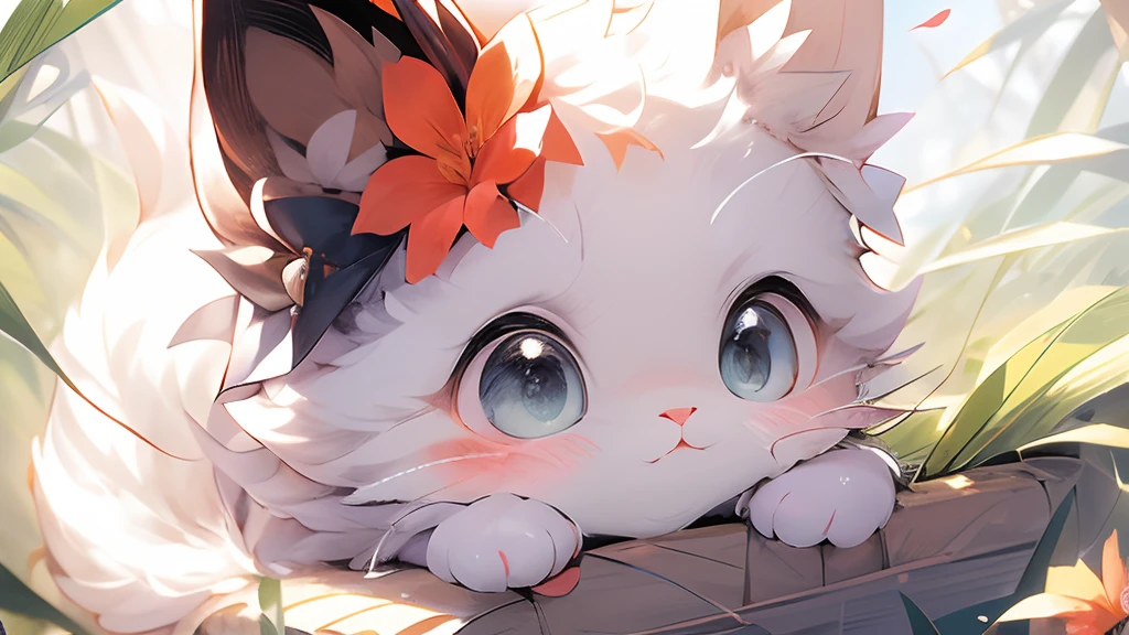(masutepiece:1.2, High quality),Cat、absurderes, hight resolution, ultra-detailliert, Cat、 White cat、light blue  eyes、kawaii、wearing a corolla on the head、The flower is placed on the head、accessorized、kirakira、bow ribbon、florals、flower  field、Full of flowers、Flowers are blooming profusely、Flower view、butterflys々is flying、butterflys々、With background