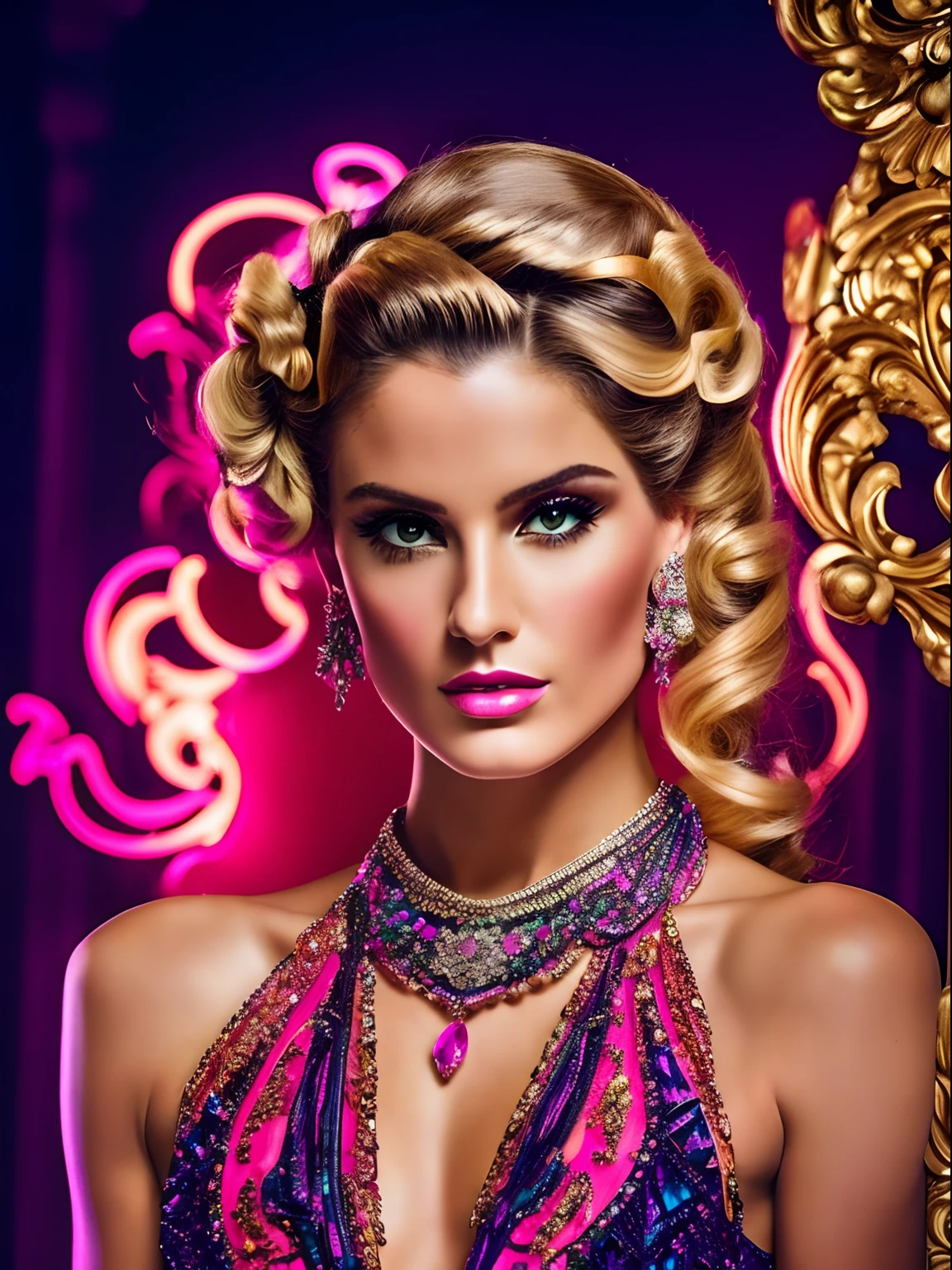 (masterpiece) A stunning image of a insanely stunning modern-day aristocrat with a twist of rococo extravance, reminiscent of Tamara de Lempicka’s Art Deco elegance. Incorporated bold neon lights to highlight the intricate rococo details, casting a mesmerizing glow on the subject, style raw, in the style of shiny rhinestone crystals.