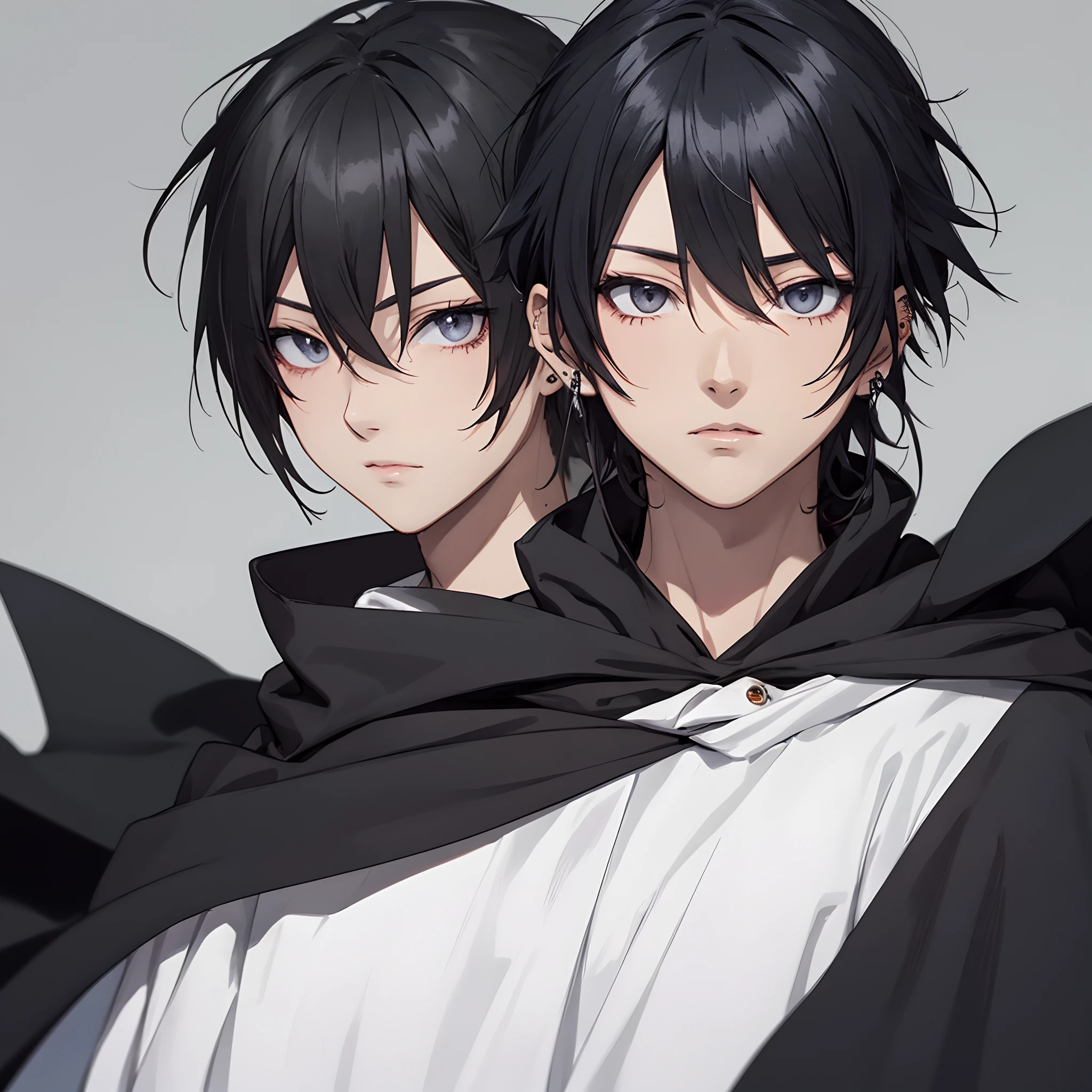 Mysterious anime character who is wearing a black cloak black hair and piercing grey eyes