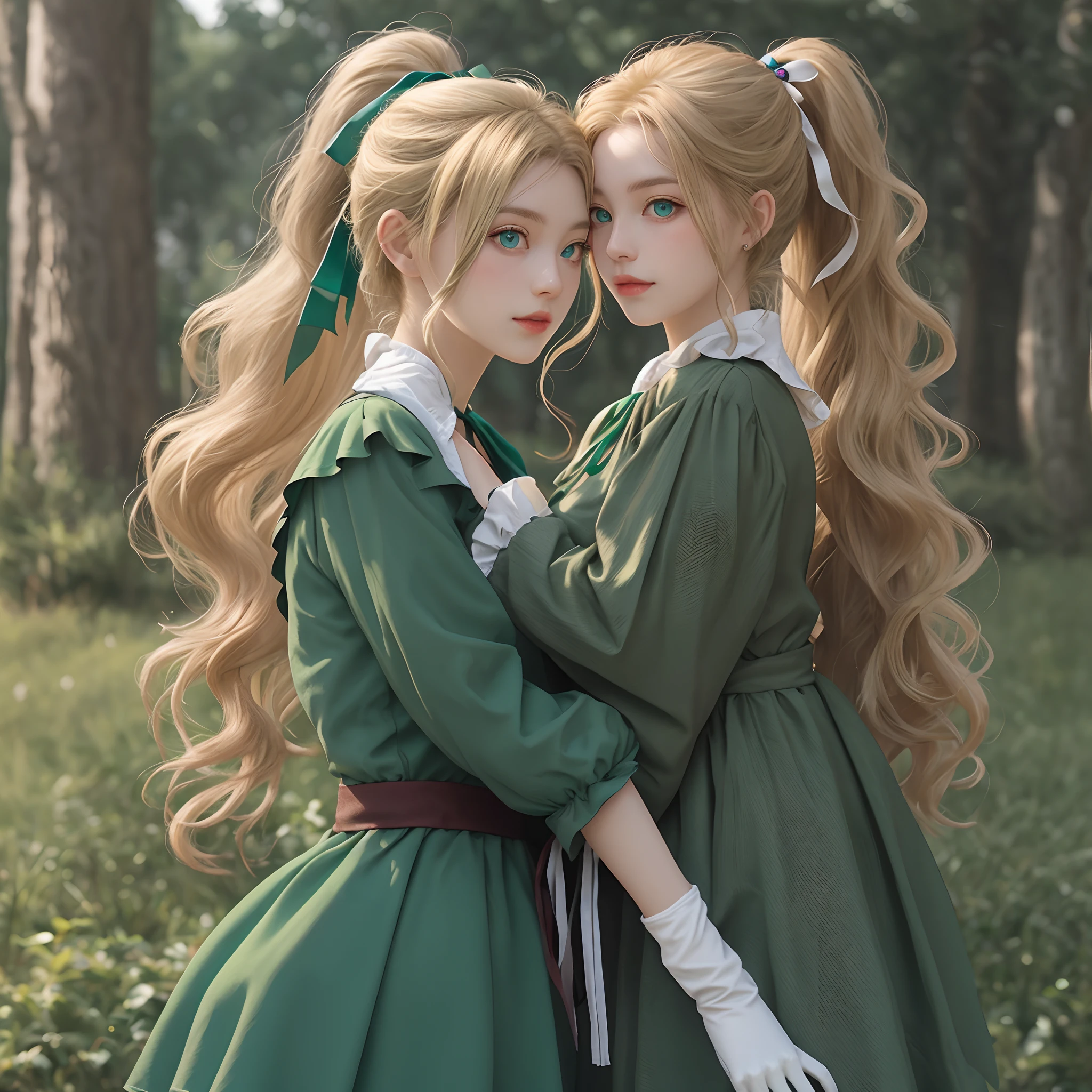 maria, long hair, blonde hair, ponytail,wavy hair,green eyes, ribbon,green dress, gloves