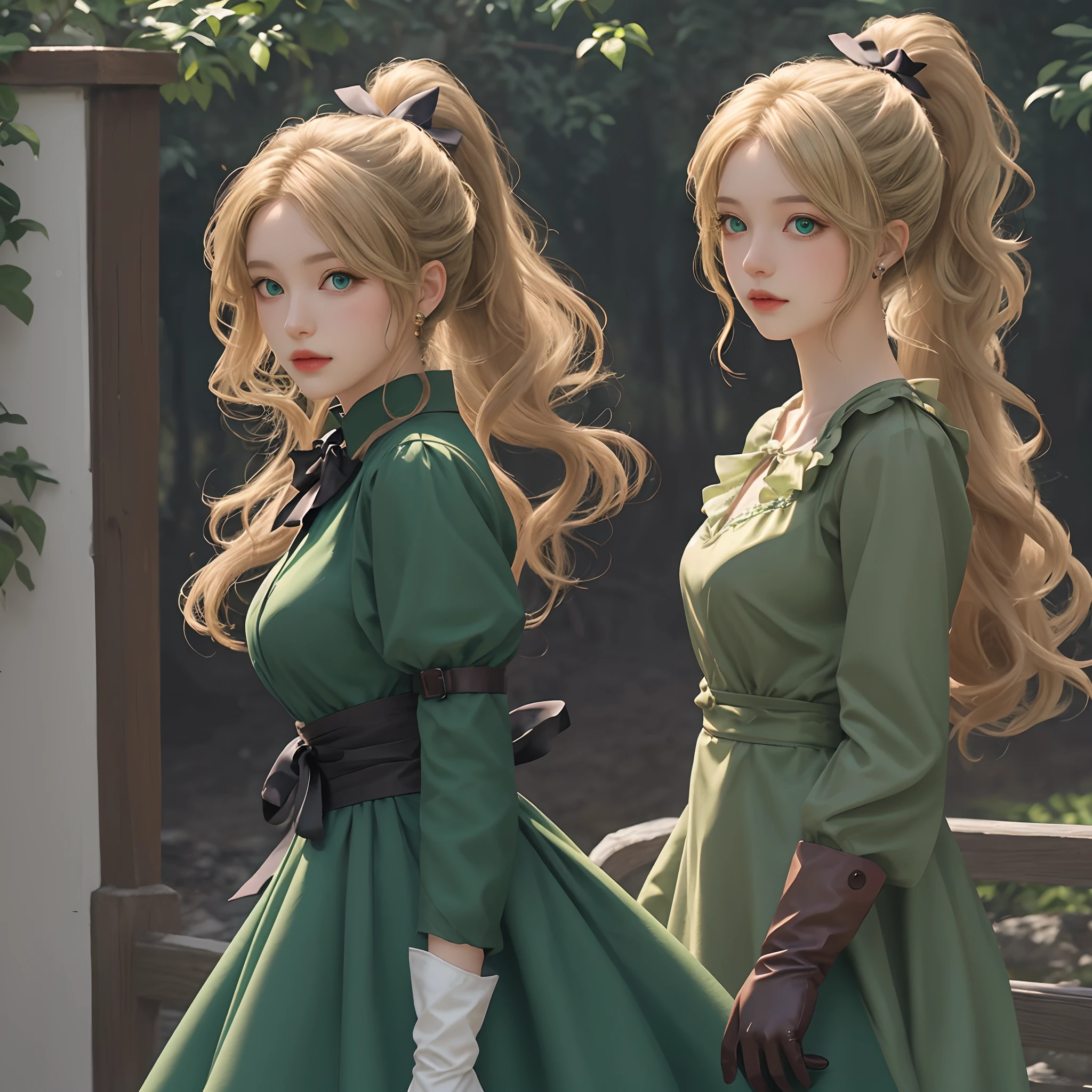 maria, long hair, blonde hair, ponytail,wavy hair,green eyes, ribbon,green dress, gloves