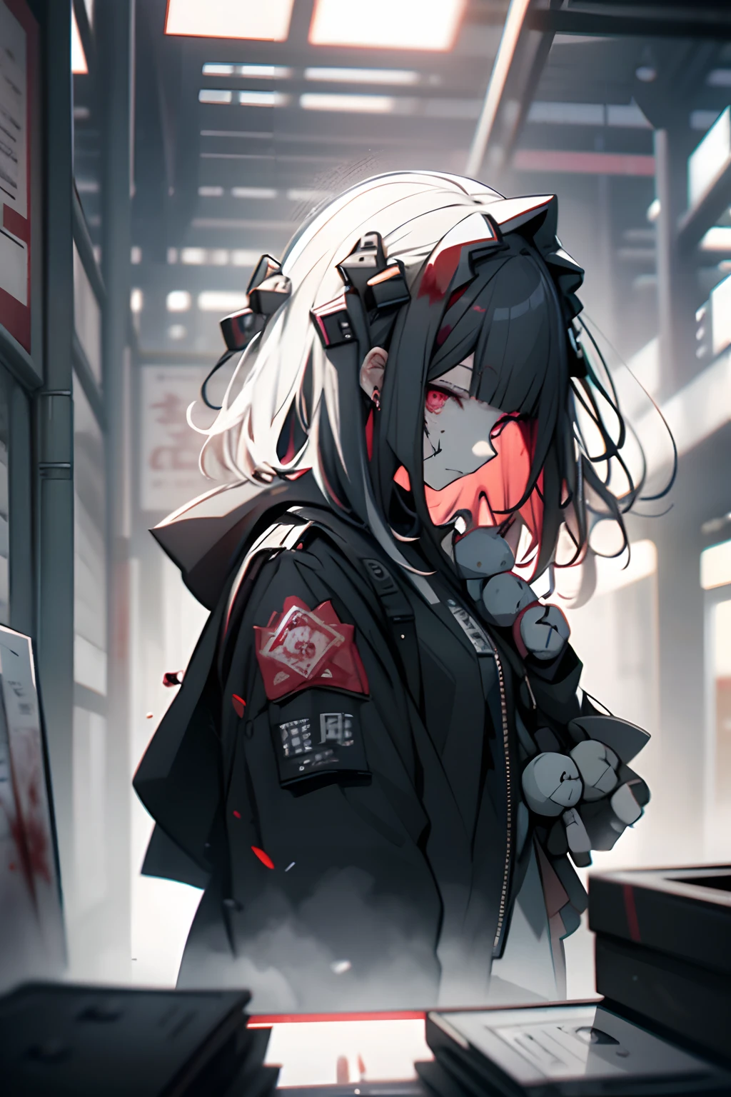 Holding a handgun、Targeting your audience、teddy bears、teddy bears、dead body、Blood everywhere、blood splashing、dark hue、Red hue、shinigami
