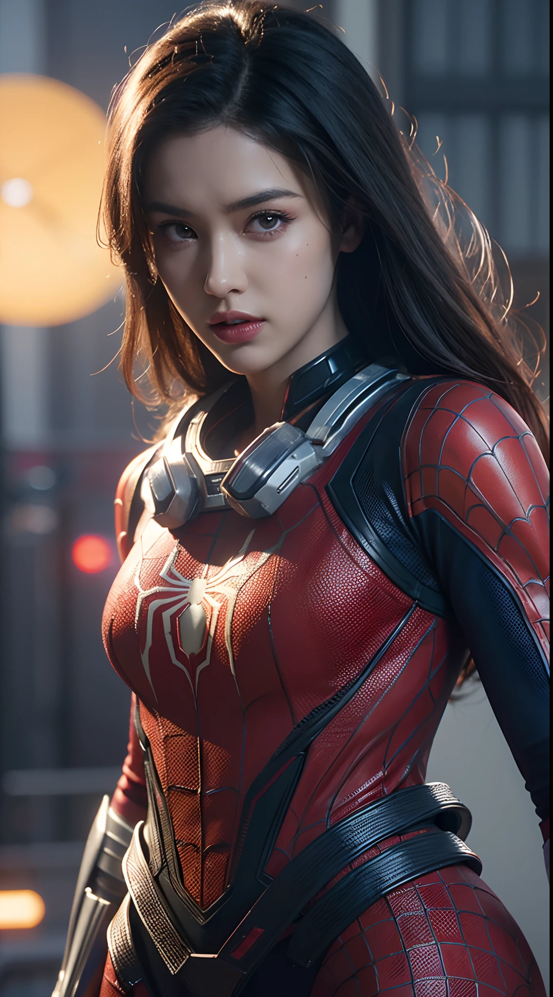 Close-up of Spider-Man in red and white costumes, colorful vivid octane render, cybernetic and highly detailed, loba andrade from apex legends, created in unreal engine 5, made in unreal engine 5, trending on unreal engine 5, anfas portrait of a mech warrior, fantasy style 8 k octane render, rendered in unreal 5, rendered in high octane