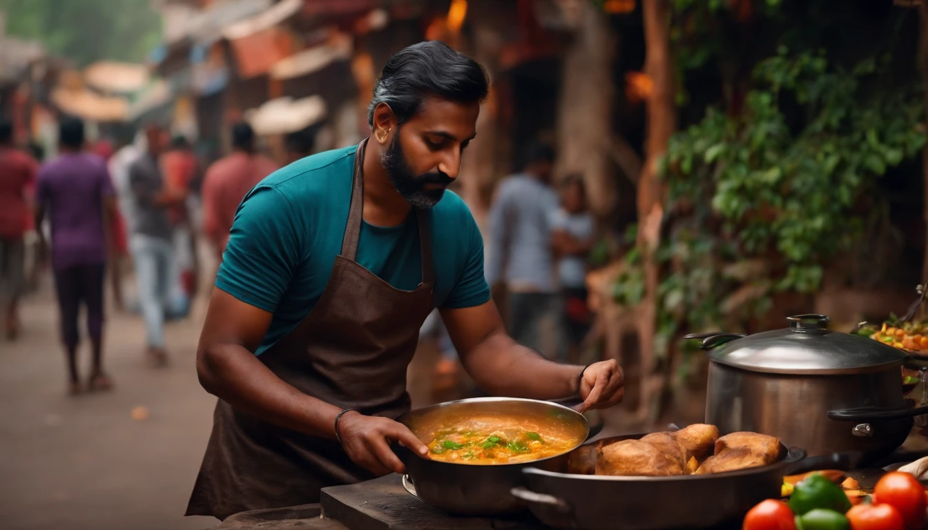 indian man cooking on the street, wearing t-shirt with whatsapp logo, 4k, ultra realistic