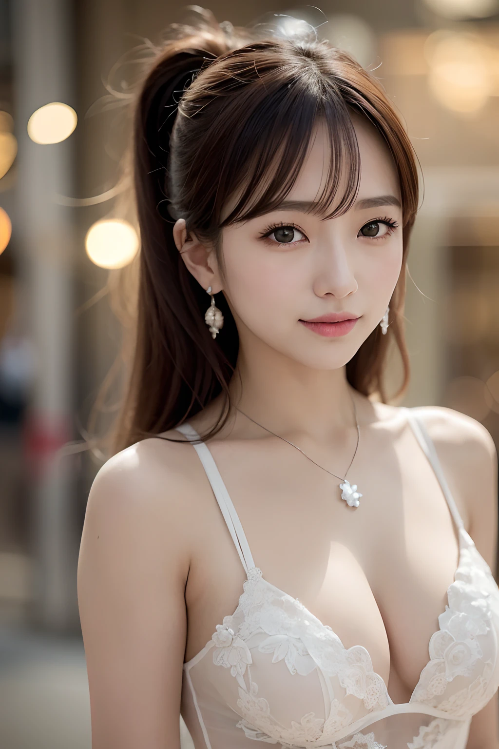 Random posture、(extremely delicate and beautiful work)、(masterpiece)、One girl、Highly detailed and elegant((Wedding Dresses))、tiarra、A highly detailed、Warped ponytail、A smile、Beautiful and clear eyes、Green pupil、delicate necklaces、Delicate earrings、Simple blurry background、Description of extreme details、Beautiful fece、A charming、delicated face、Delicate figure、Beautiful breasts、thin clavicle、Beautiful lips、mix4、(8K、Raw photography、top-quality、masterpiece:1.2),1girl in,Cute,Cityscape, , Wetty, Professional Lighting, physically-based renderingt, full body Esbian、the most beautiful in the world、乃木坂アイドル、韓国アイドル、hposing Gravure Idol、女優、