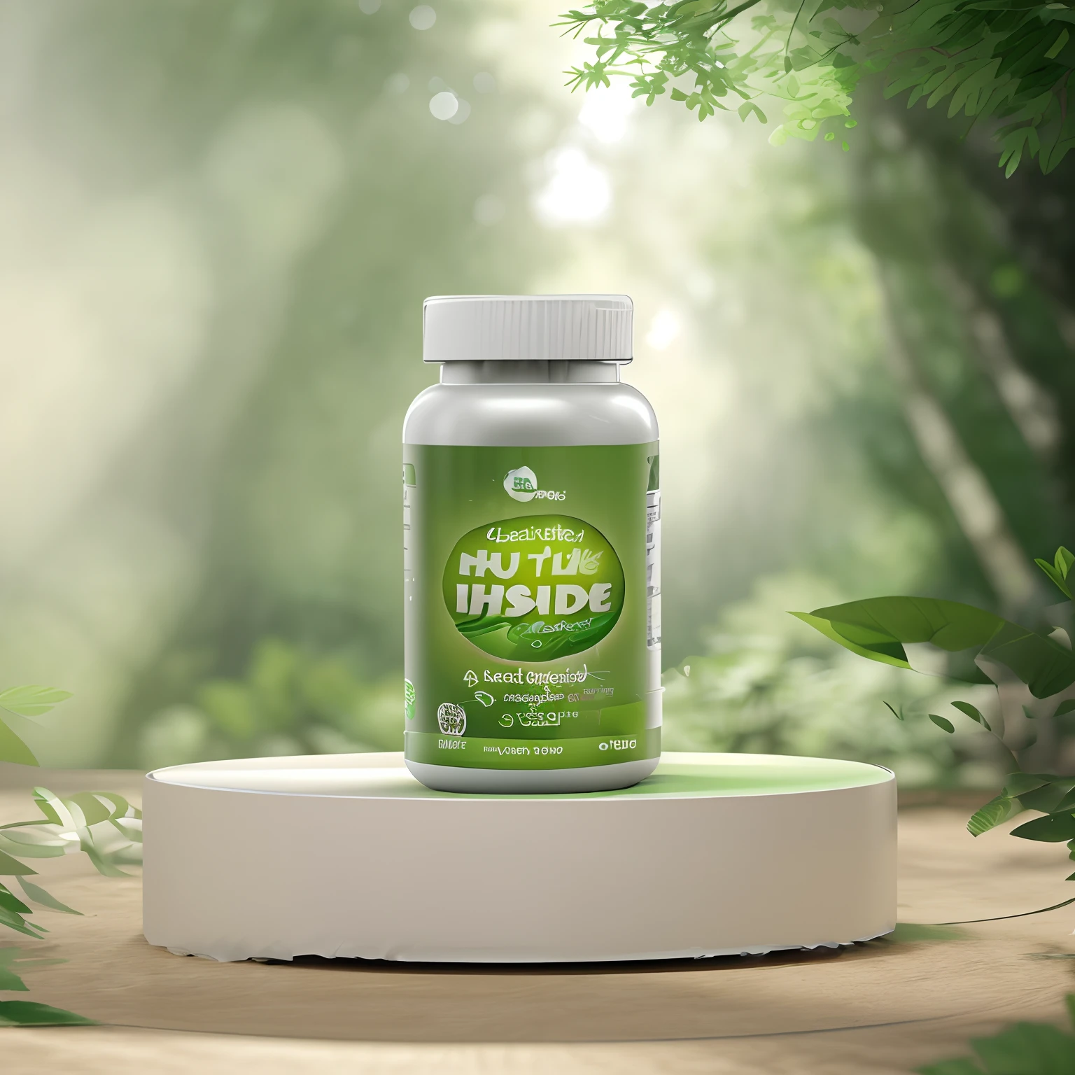 Health product with green packaging set in a lush forest scene, verde real e luz natural, Tons de verde escuro, a still of an ethereal, verdejante, 3 d product render, vinheta, verde silenciado