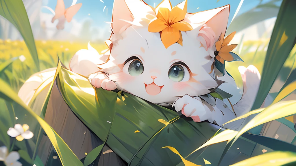 (masutepiece:1.2, High quality),Cat、absurderes, hight resolution, ultra-detailliert, Cat、 White cat、light blue  eyes、kawaii、Wearing a corolla on the head、Flowers are placed on the head、accessorized、kirakira、bow ribbon、florals、flower  field、butterflys々is flying、butterflys々、With background
