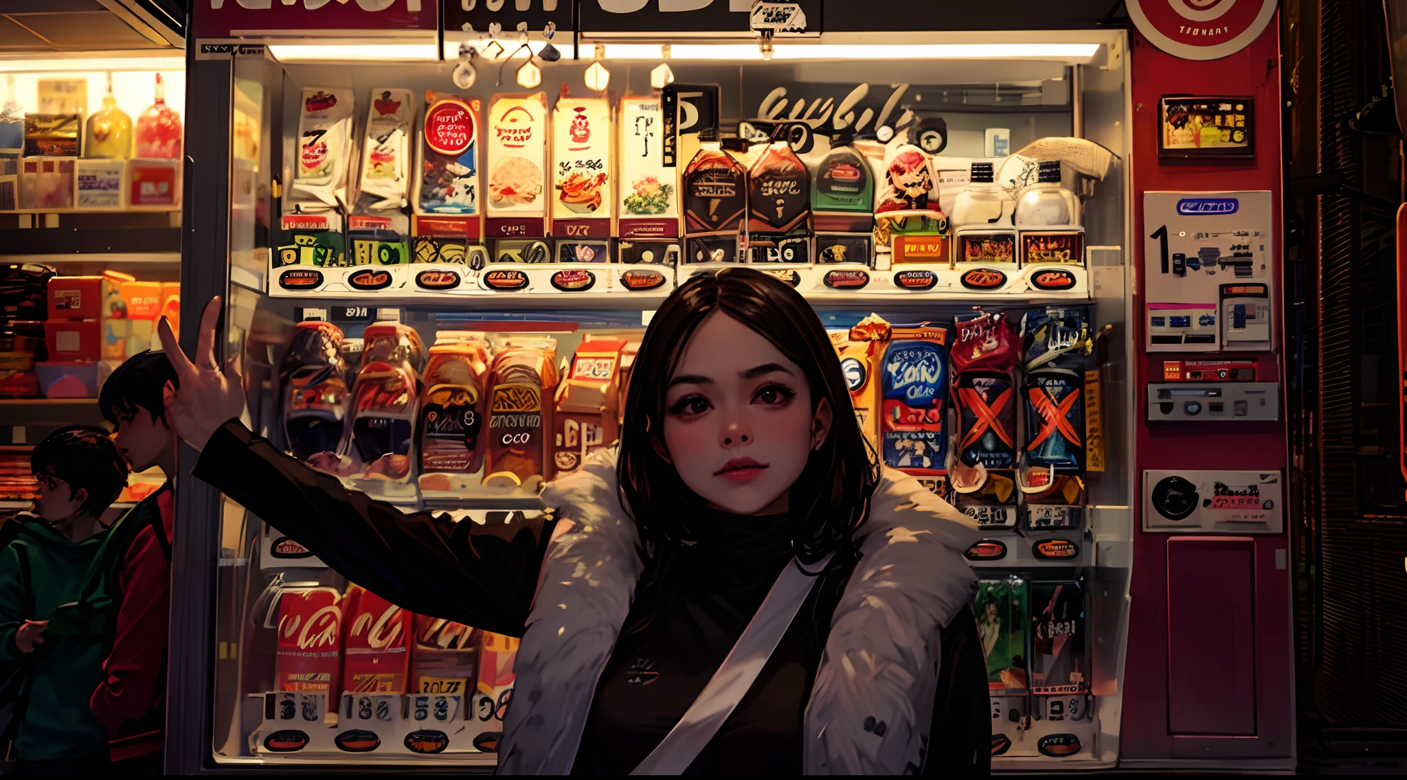 araffe vending machine with a seductive woman standing in front of it, lofi girl, stood in a supermarket, in a mall, super vibrant cyberpunk, lofi girl aesthetic, convenience store, soda themed girl, smooth in _ the background, semi-realism, at a mall, (((low light))), nsfw