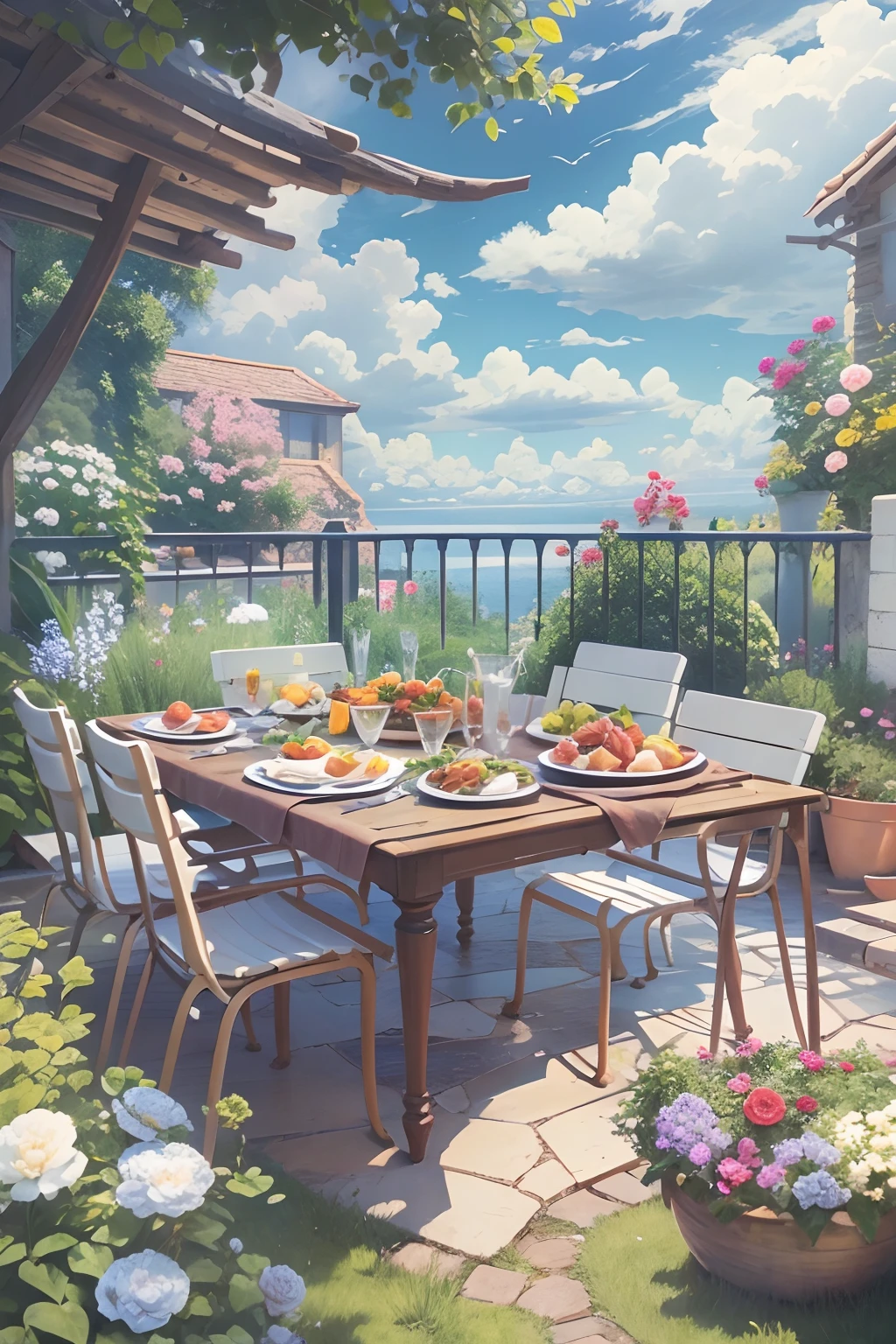In the garden，There is a dining table，There is abundant food on it，Blue sky and white clouds，