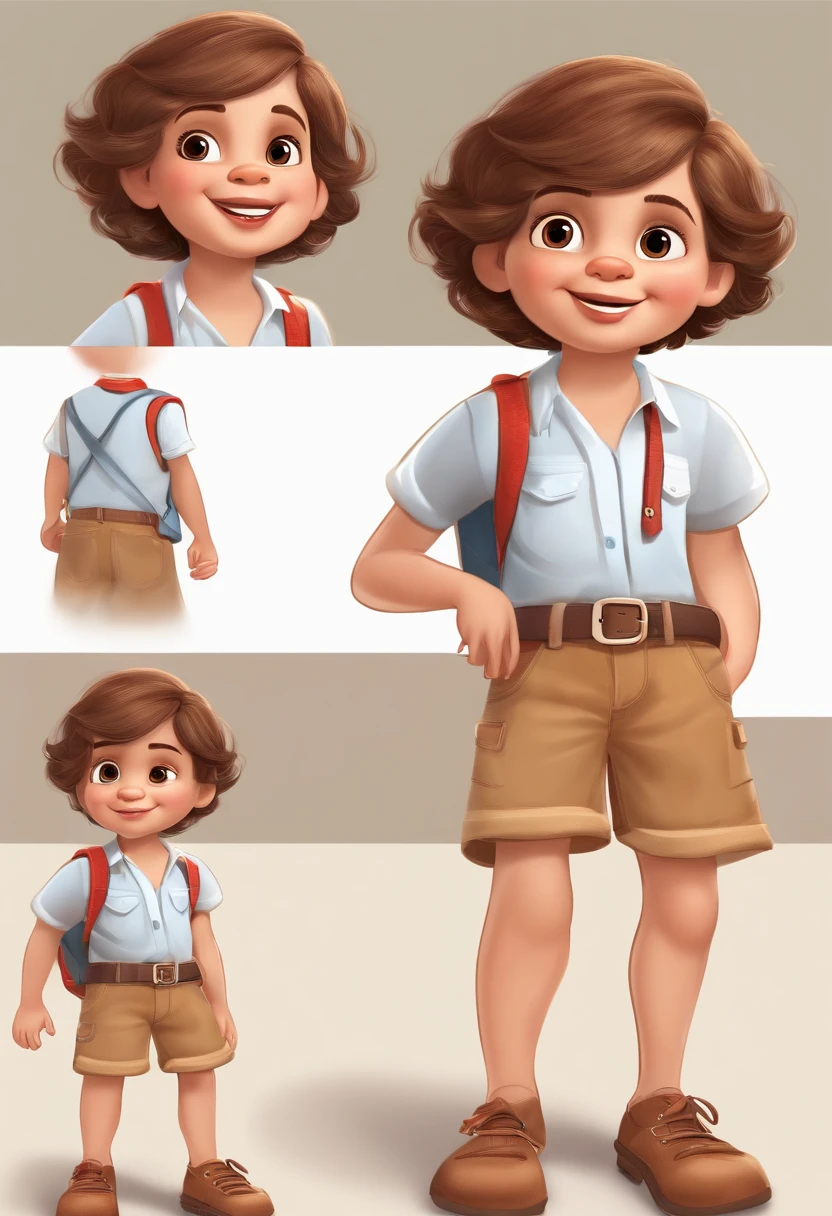 the little explorer, various poses and expressions on a white background, children's book illustration style, cute, colors, , short brown hair, solid color, white short-sleeved shirt, denim shorts without belt, without glasses, without hat, no book, no backpack