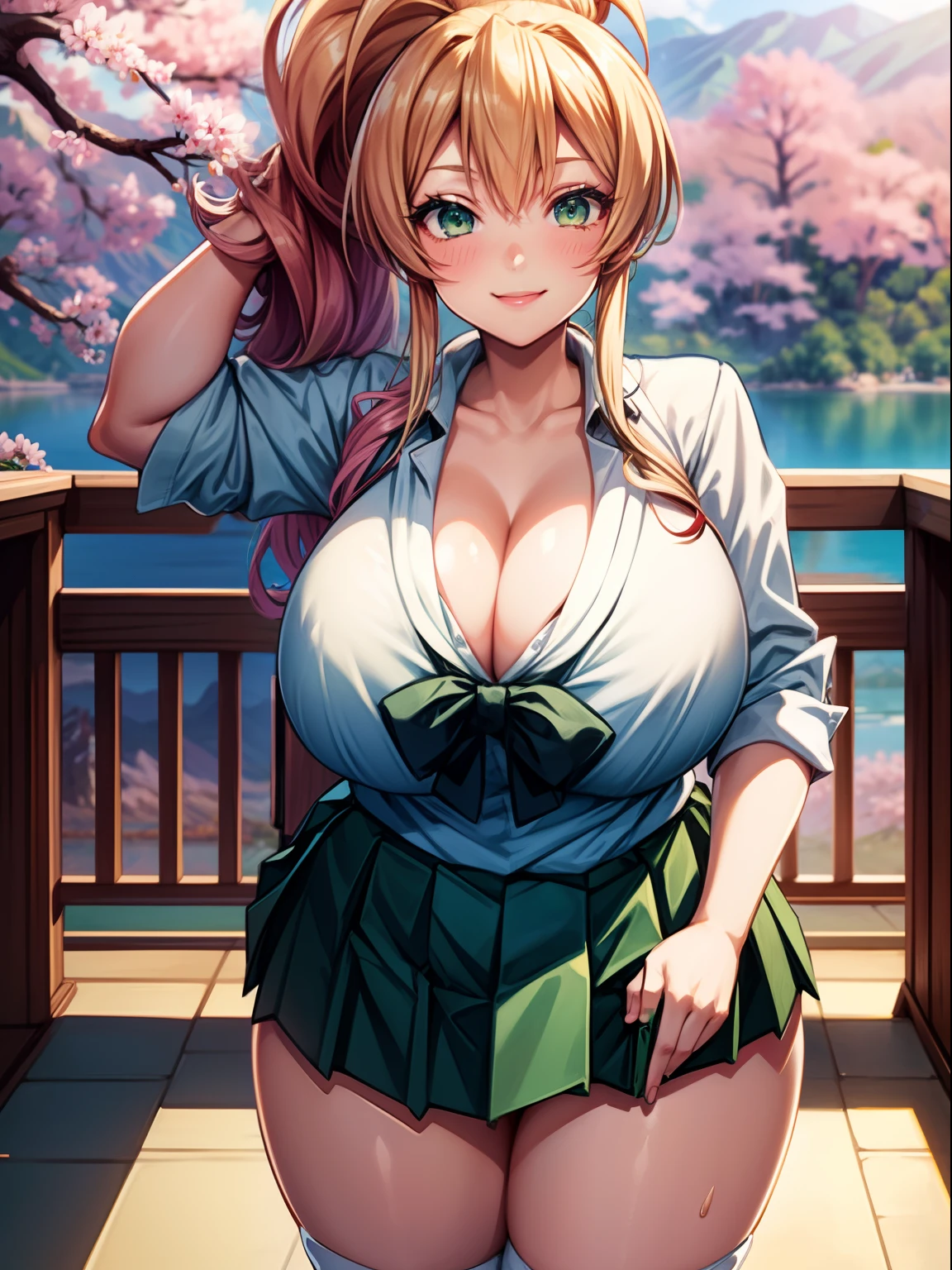 Blonde, ponytail hair, lipstick, green eyes, (huge tits), school uniform, girl, (solo), smile, green skirt, white shirt, smile, standing, mountain, lake, outdoor, cleavage, sakura flower view from bottom, close up