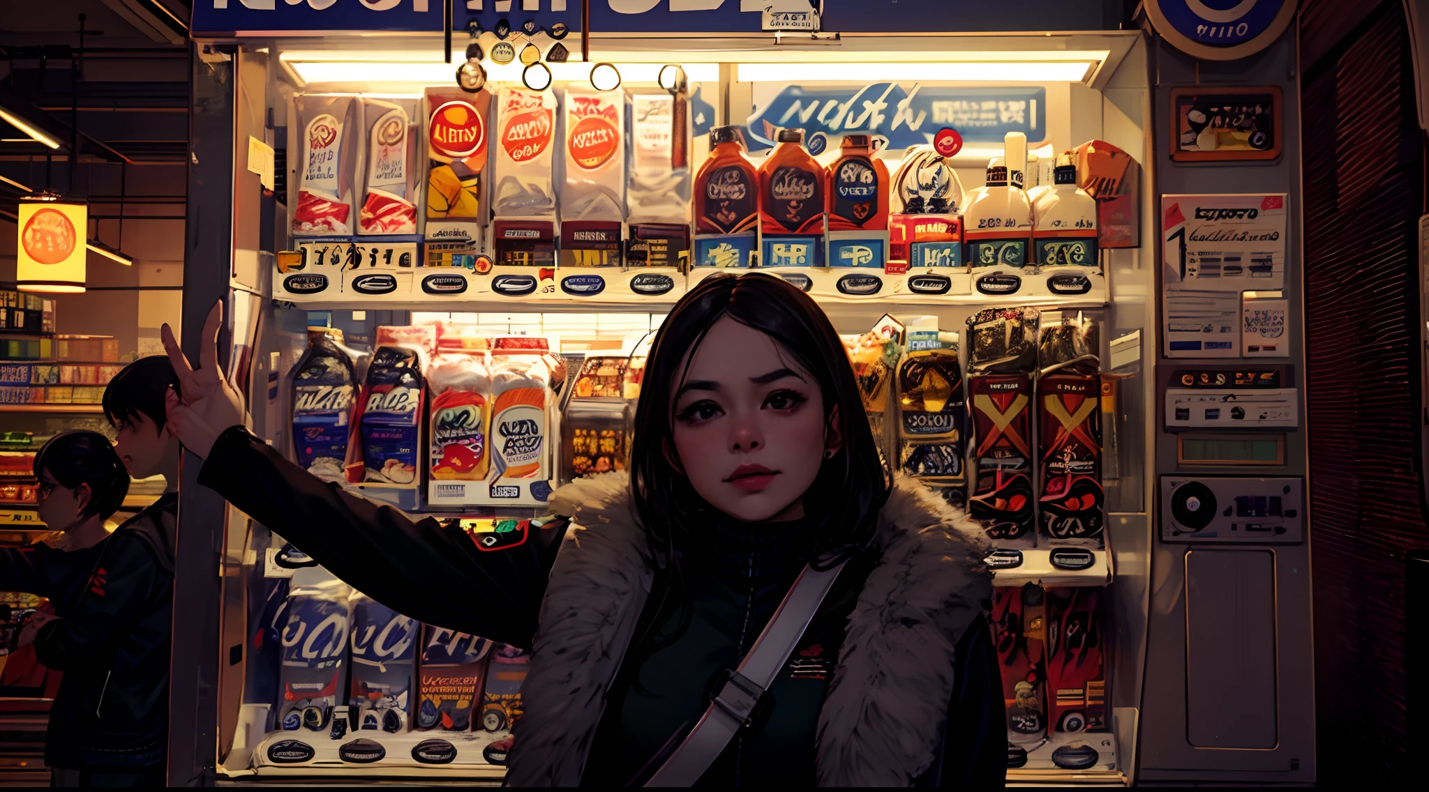 araffe vending machine with a seductive woman standing in front of it, lofi girl, stood in a supermarket, in a mall, super vibrant cyberpunk, lofi girl aesthetic, convenience store, soda themed girl, smooth in _ the background, semi-realism, at a mall, (((low light))), nsfw