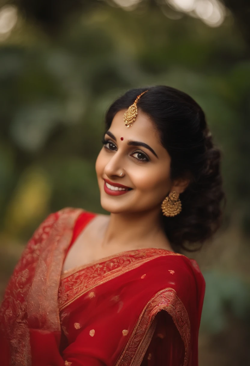 (Full body, editorial photograph of a 23 years old thin beautiful woman Indian woman), (highly detailed face:1.4) (smile:0.7) (background city, Bangalore,  standing in a road , moody, private study:1.3) POV, by lee jeffries, nikon d850, film stock photograph ,4 kodak portra 400 ,camera f1.6 lens ,rich colors ,hyper realistic ,lifelike texture, dramatic lighting , cinestill 800, wearing a red transclusent saree with half sleeve blouse, chest open, deep navel, firm breast, light brown skinned, hourglass body shape, clevage, navel, black hair, loose hair, long hair, seeing the viewer