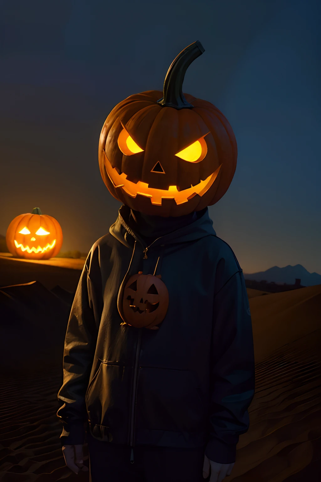 Monstro Palito, pumpkin head, Jack-o'-lanterna, Pumpkin head, Olhos vermelhos, desert scenery, casa de madeira no fundo, pixarstyle