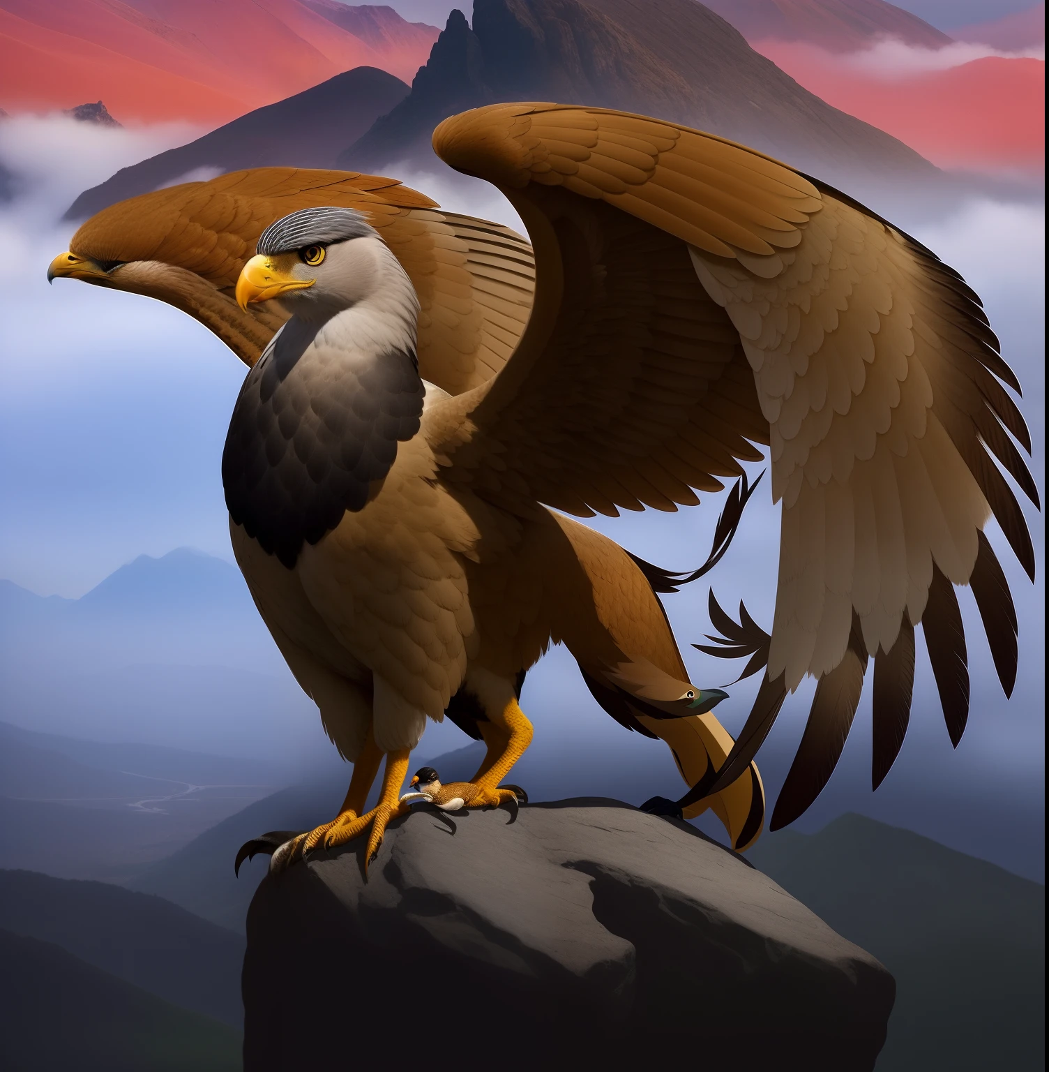 A close-up of a bird on a rock with a mountain in the background, Grifo, Estilo Griffin, mytical creature, black aarakocra eagle warlord, a mythical creature, Illustrations of a phoenix, mythical creatures, ''wallpaper of a phoenix, flying mythical beasts, haciendo una pose majestuosa caliente, "Wallpaper of a phoenix resting