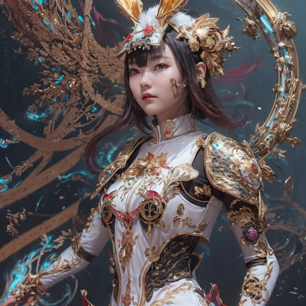 ((Red and white mech girl))National wind circle,Flying nine-tailed fat skull flame ethereal toad star,Golden-black damask white rabbit fur bra,Fuchsia pink diamonds, Tulle burgundy diamond shin guard,CG ,Light orange full set of thick mechs,Giant,, Realistic secret girl rendering, detailed face of a asian girl, Reality in the secret world, Smooth CG art, Realistic. Cheng Yi, Realistic secret style, A lovely secret rendering, 8K portrait rendering, Render character art 8 K, Kawaii realistic portrait,Golden-black damask white rabbit fur bra,Fuchsia pink diamonds, Tulle burgundy diamond shin guard((ultra real detailed.mecha-girl)Mink cotton suit mech,Bright blue and white feathers gold silk shoulder pads,Shi Zhonghu Huhu female Taoist,Tailfire,Tattooed with,Genius ratio,Silicone texture,Short bright purple hair,3D modeling,4K,8K,16K smooth (Masterpiece, Top quality, Best quality, offcial art, Beauty and aesthetics: 1.2), Very detailed, Colorful, Most detailed, branches,mecha-girl, (Mards)mecha-girl(canyons), (Linen Future Mecha Girl), Angry fighting stance, looking at the ground, Batik linen bandana, Crane pattern long sleeve garment,Mecha Maiden Canyon(Abstract propylene splash:1.2), Dark clouds lightning background,Sprinkle with golden mech girl powder(realisticlying:1.4),Black color hair,Flour fluttering,rainbow background, A high resolution, the detail, RAW photogr, Sharp Re, Nikon D850 Film Stock Photo by Jefferies Lee 4 Kodak Portra 400 Camera F1.6 shots, Rich colors, ultra-realistic vivid textures, Dramatic lighting, Unreal Engine Art Station Trend, cinestir 800,Flowing black hair,(((Red and white mech girl))),Front view,Pure transparency,Wear boxing gloves,Ice is permeable to gas,Film light and shadow,Panorama ultra-wide angle,extremely happy,The texture of the real person is delicate,Strong visual impact,Hyper-detailing,Dream girl,Refined face,prettyeyes,high saturated,Wear reflective sunglasses with a thick gold thread,crystal-clear,Good interpersonal skills