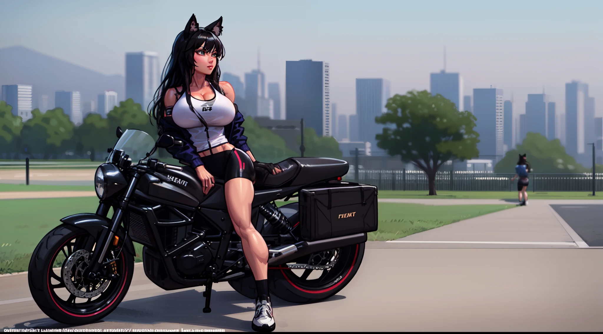 THEPIT, masterpiece, best quality, 1futa, solo, ass, bike shorts, long hair, gym uniform, dark colored blazer, black hair, sky, front, outdoors, muscular legs, big tits, blake belladonna, black skin, cat ears, amber eyes, muscles, motorcycle